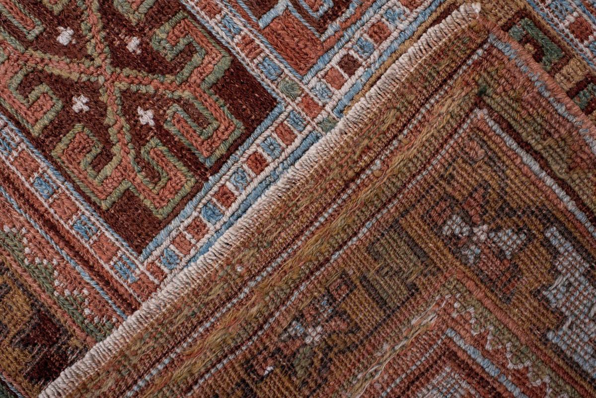 2' x 4' one-of-a-kind handmade antique Sumak small size rug. Color palette: rust, camel, sky blue, ivory, olive, brown