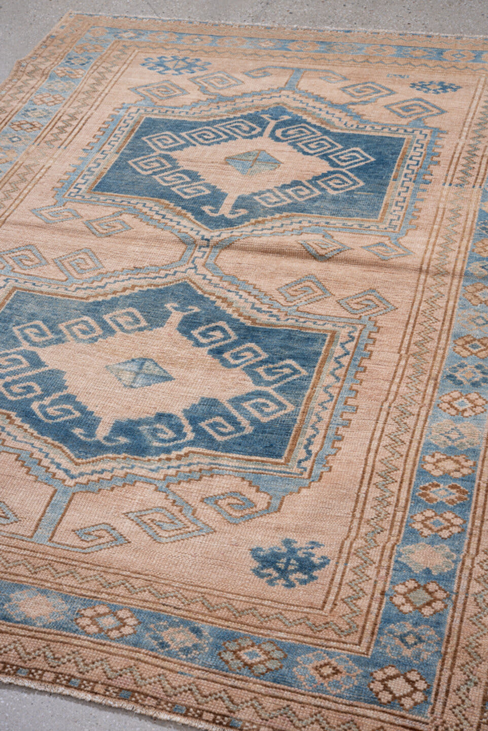 4' x 6' one-of-a-kind handmade vintage Oushak small size rug. Color palette: blush, sky_blue, navy, ivory, taupe, camel
