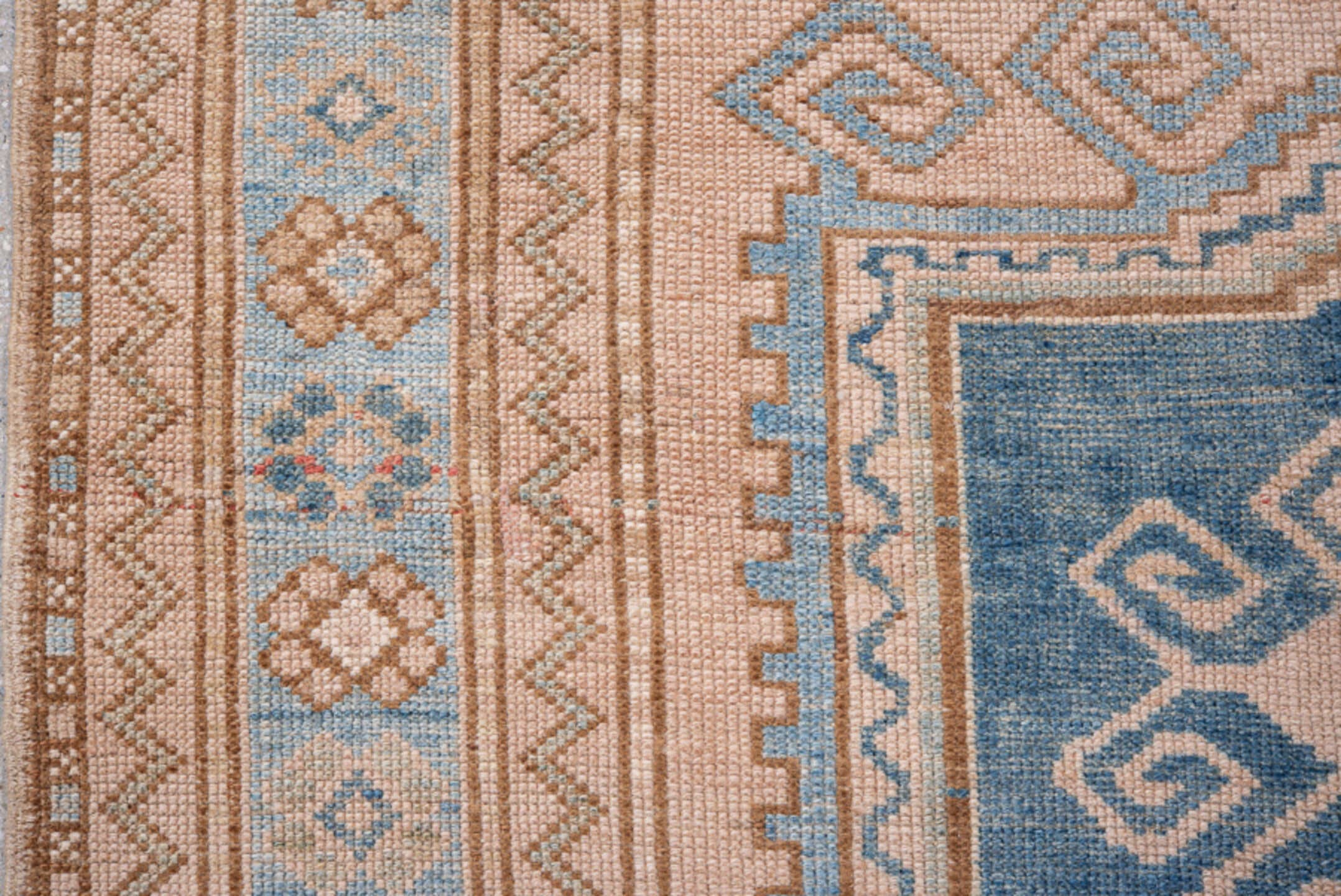 4' x 6' one-of-a-kind handmade vintage Oushak small size rug. Color palette: blush, sky_blue, navy, ivory, taupe, camel