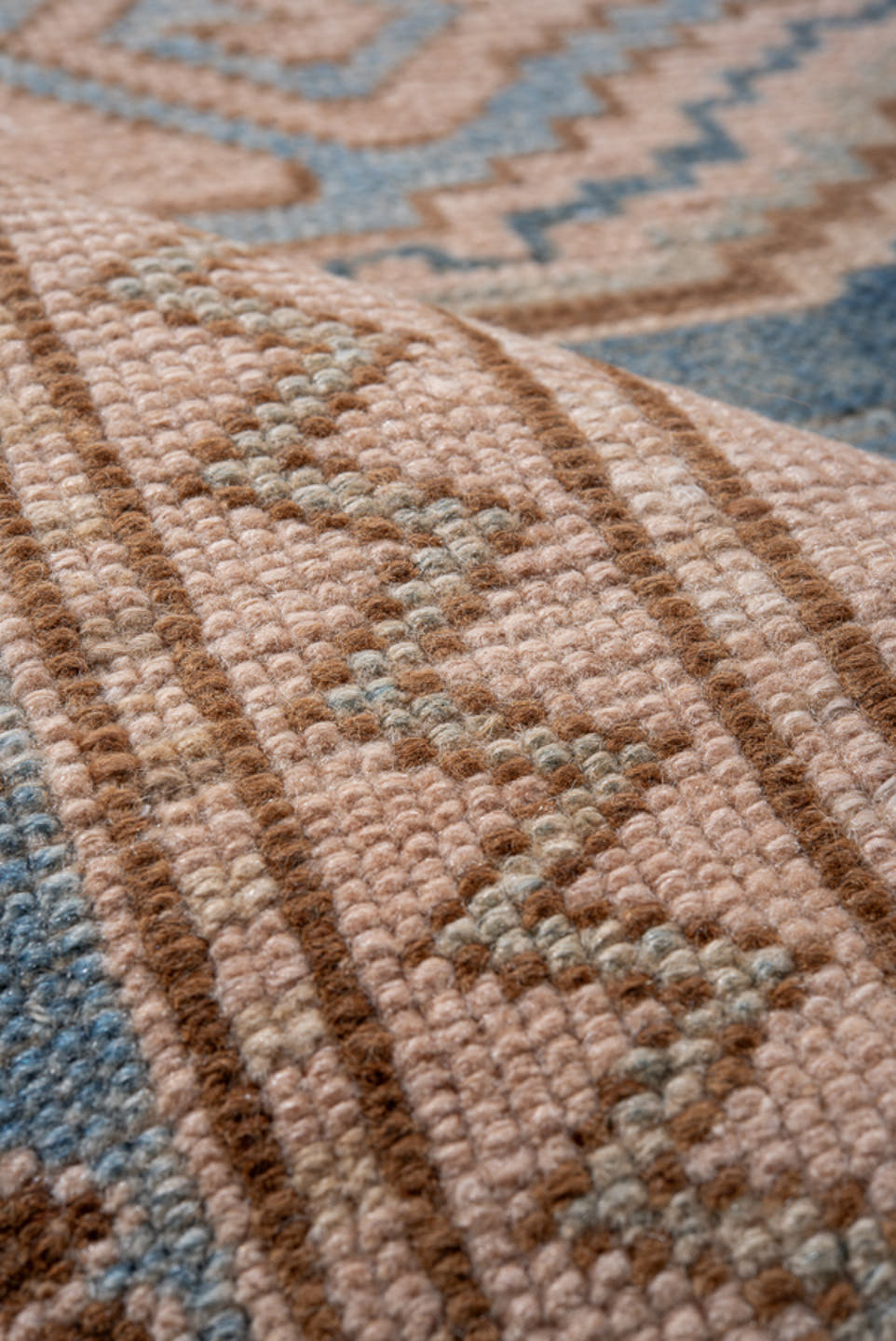 4' x 6' one-of-a-kind handmade vintage Oushak small size rug. Color palette: blush, sky_blue, navy, ivory, taupe, camel
