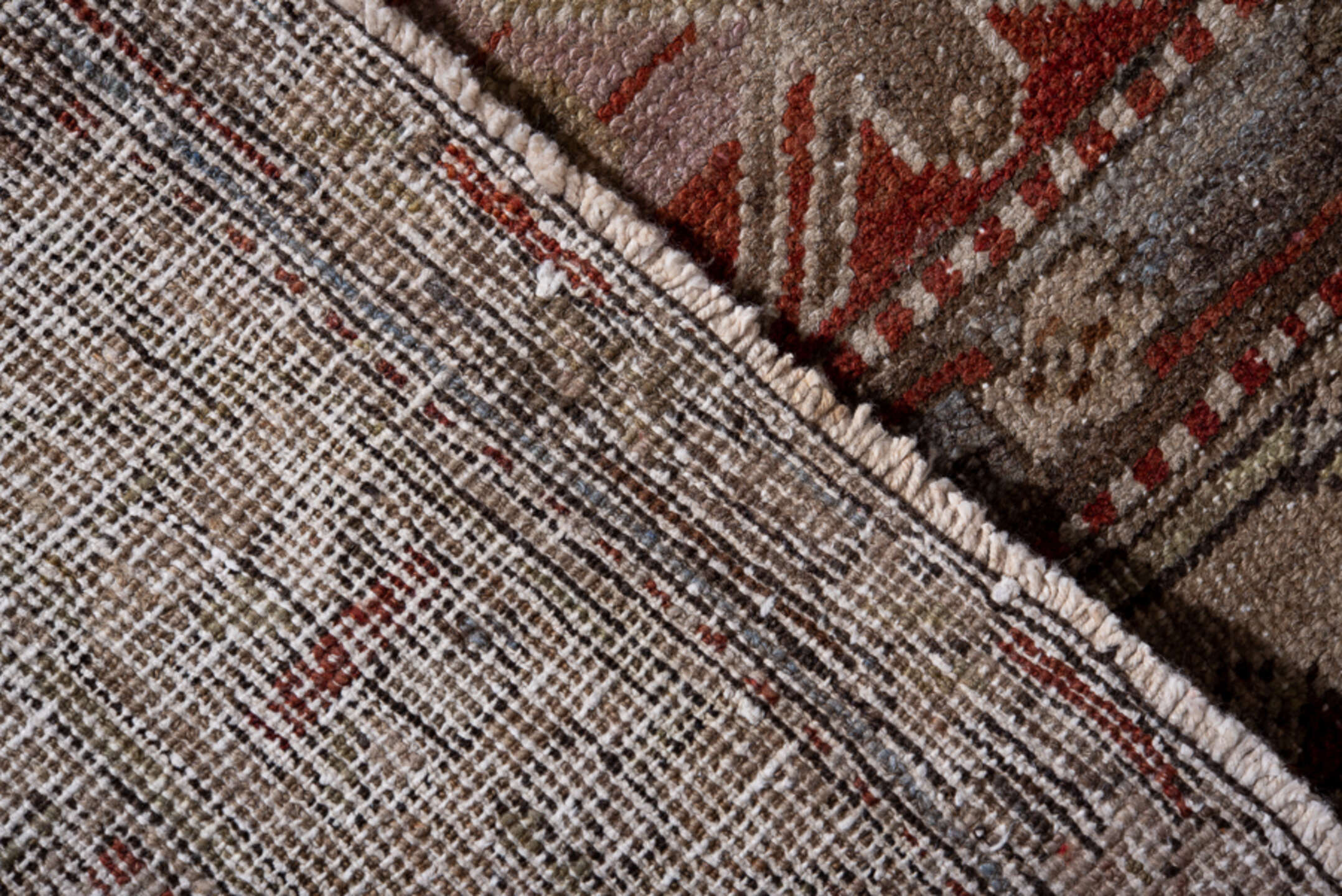 3' x 7' one-of-a-kind handmade vintage Heriz rug. Color palette: blue, brown, gray, light gray, off-white, pink, red