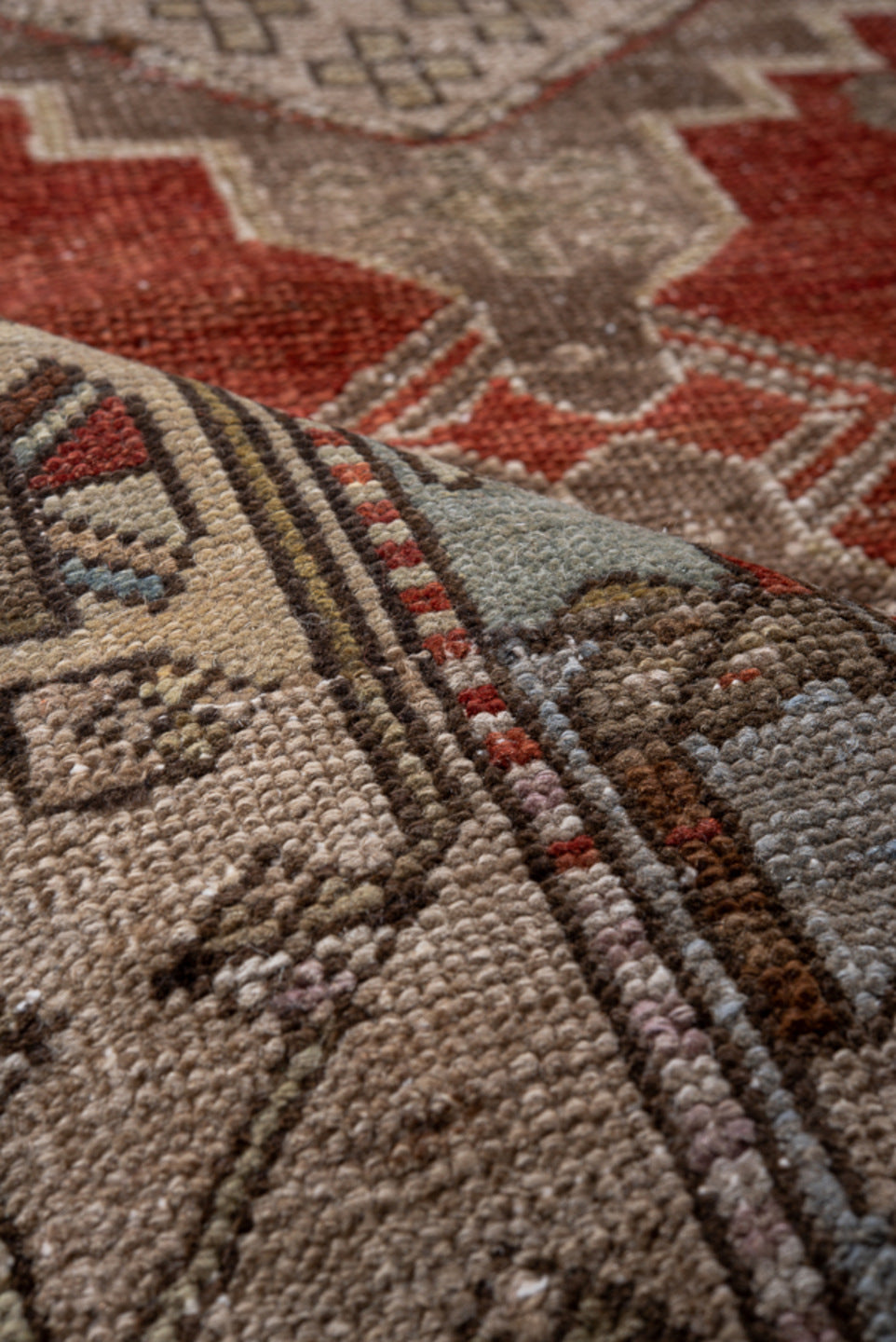 3' x 7' one-of-a-kind handmade vintage Heriz rug. Color palette: blue, brown, gray, light gray, off-white, pink, red