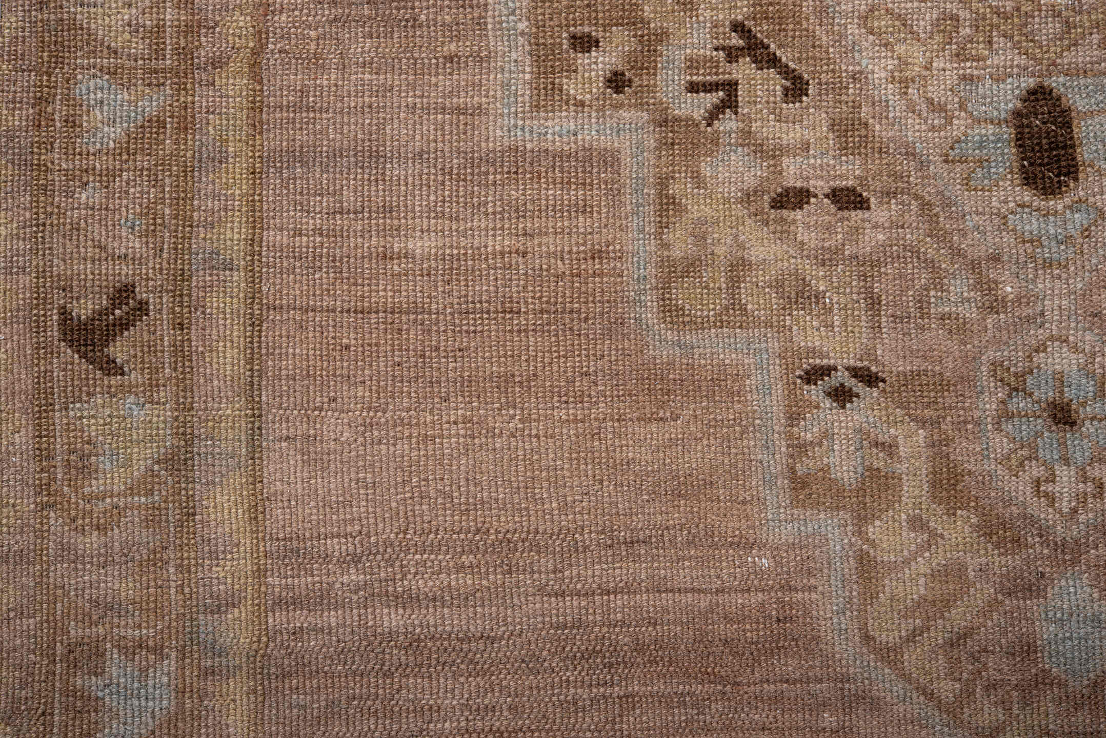 3' x 7' one-of-a-kind handmade antique Oushak rug. Color palette: taupe, camel, ivory, beige, brown, charcoal, pale blue