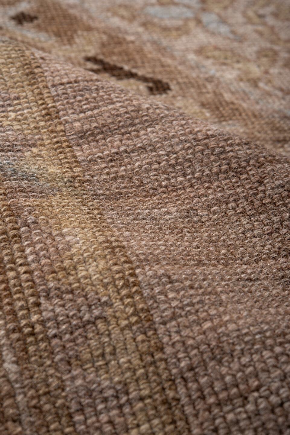 3' x 7' one-of-a-kind handmade antique Oushak rug. Color palette: taupe, camel, ivory, beige, brown, charcoal, pale blue