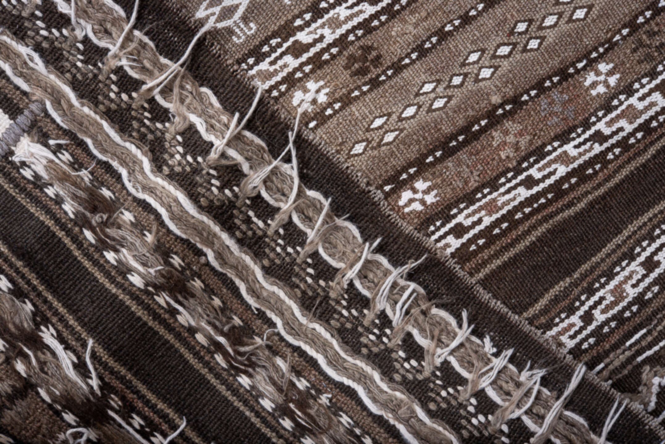 4' x 9' one-of-a-kind handmade vintage Kilim runner rug. Color palette: taupe, ivory, dark_brown, brown, beige, gray