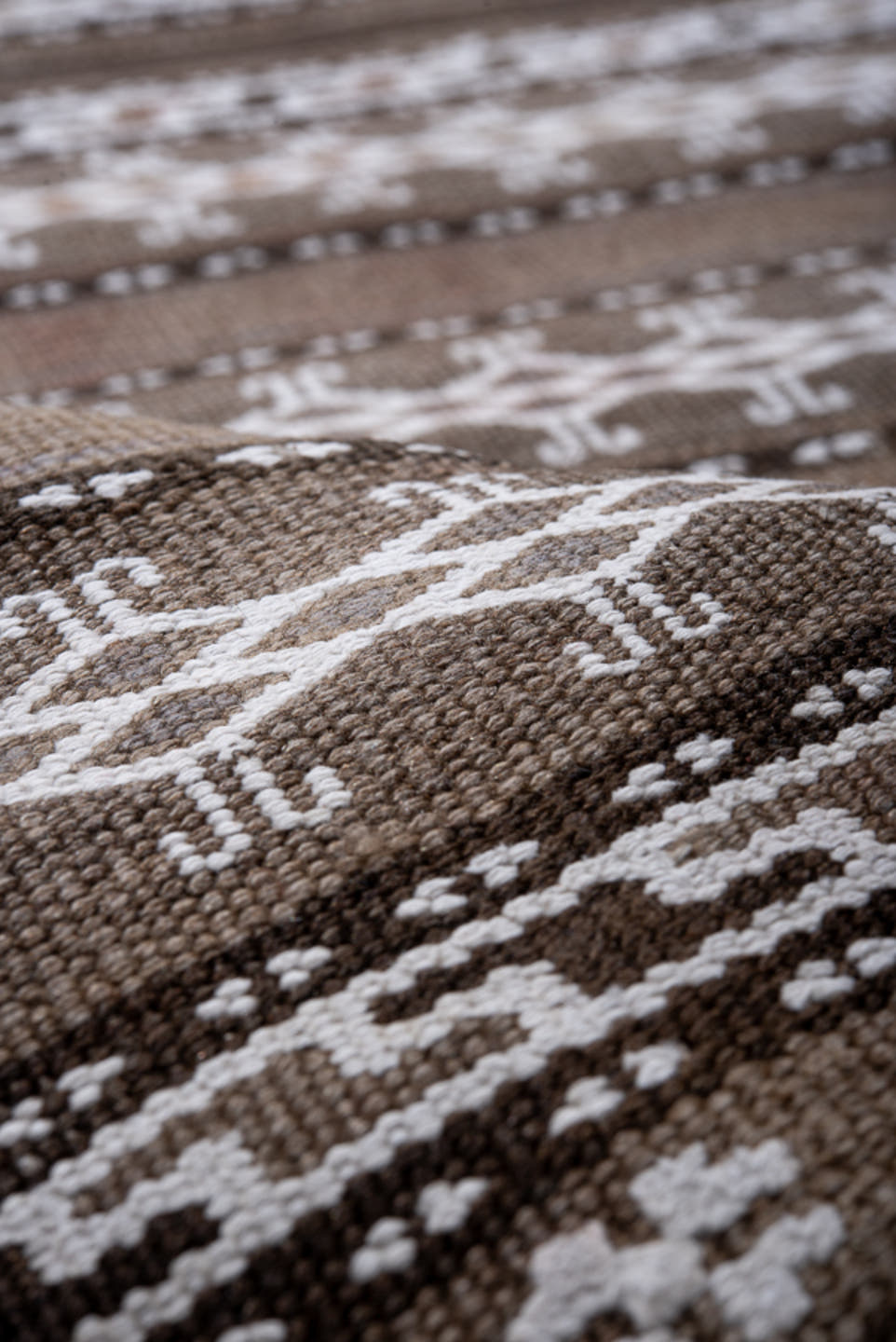 4' x 9' one-of-a-kind handmade vintage Kilim runner rug. Color palette: taupe, ivory, dark_brown, brown, beige, gray