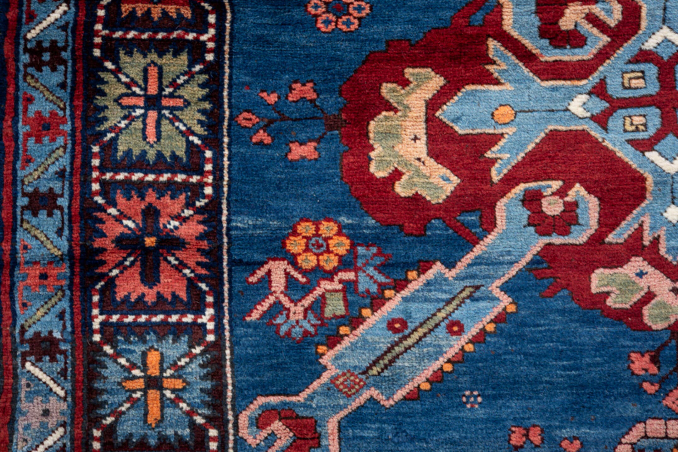 3' x 6' one-of-a-kind handmade antique Kuba small size rug. Color palette: blue, crimson, ivory, sky blue, pink, navy, sage