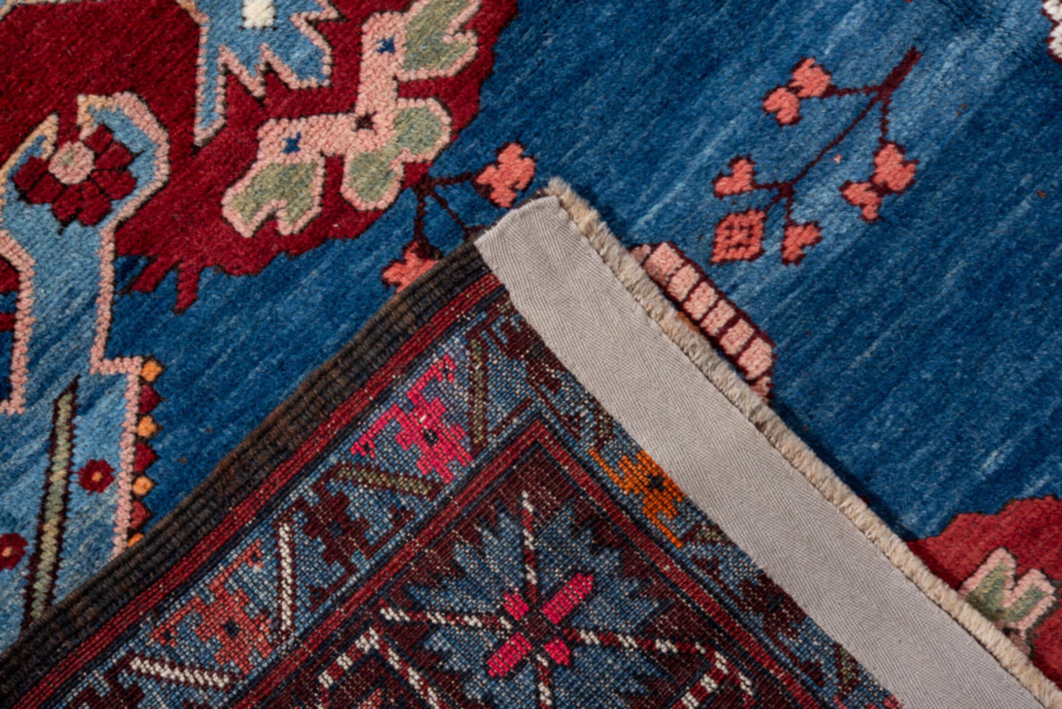 3' x 6' one-of-a-kind handmade antique Kuba small size rug. Color palette: blue, crimson, ivory, sky blue, pink, navy, sage