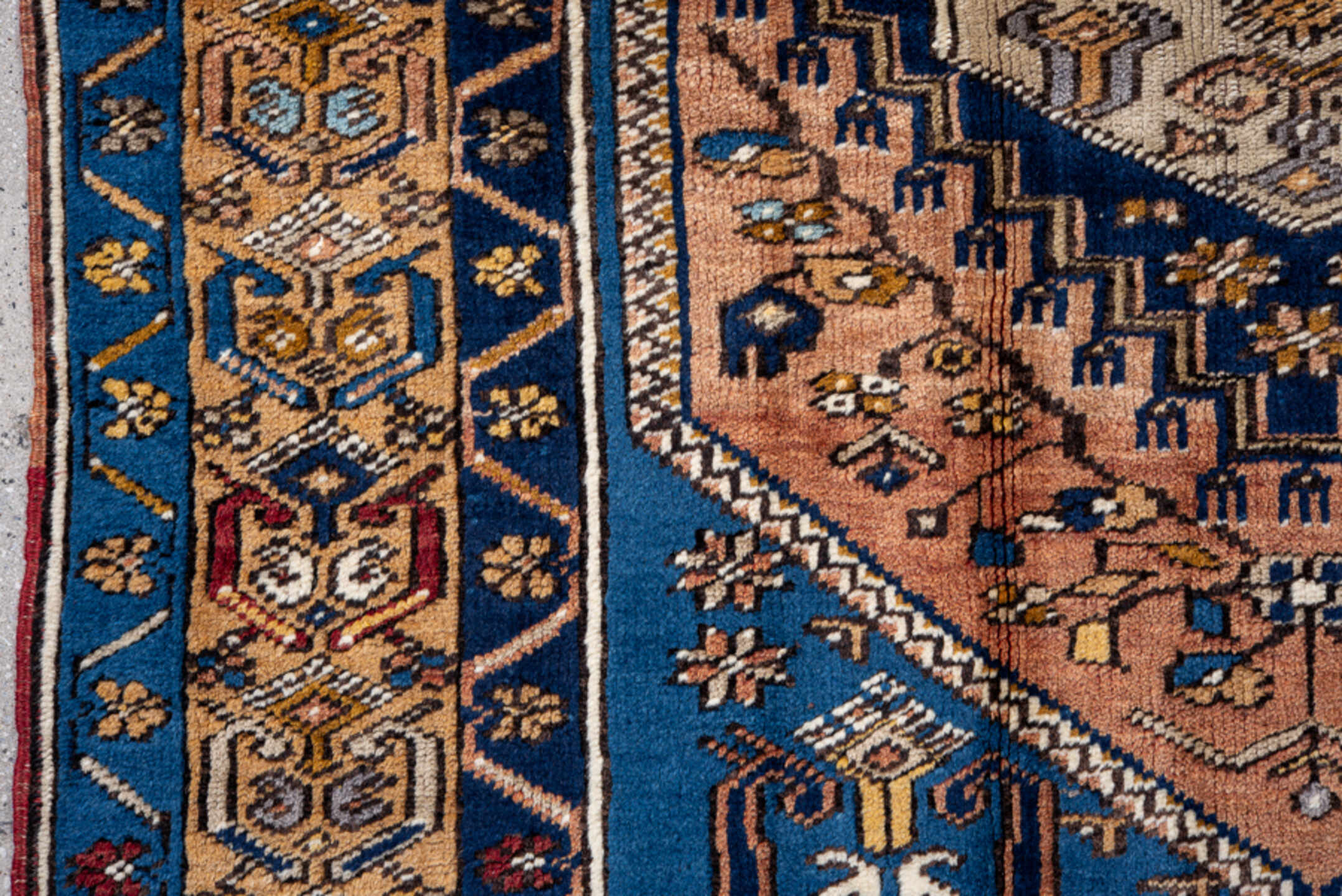3' x 5' one-of-a-kind handmade antique Oushak small size rug. Color palette: blue, camel, navy, ivory, rust, gold, rose