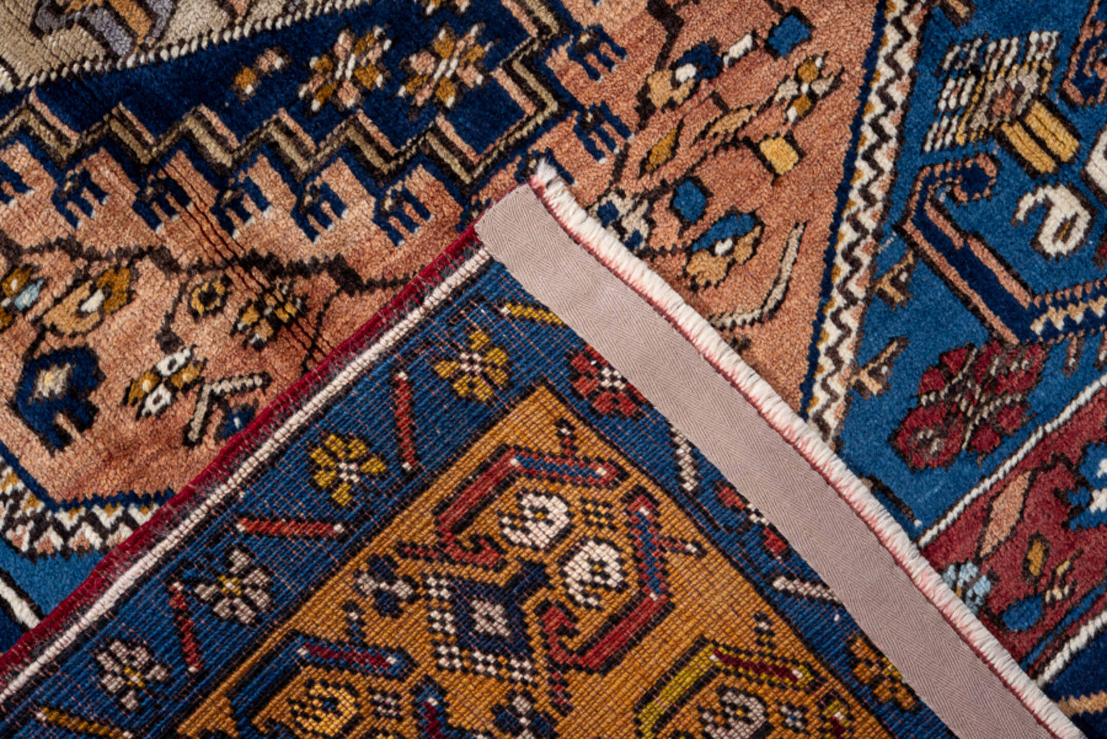 3' x 5' one-of-a-kind handmade antique Oushak small size rug. Color palette: blue, camel, navy, ivory, rust, gold, rose