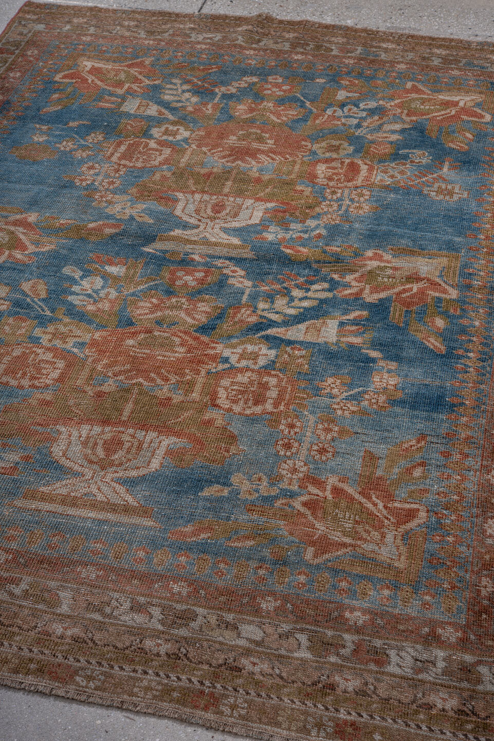 4' x 6' one-of-a-kind handmade antique Afshar small size rug. Color palette: blue, rust, ivory, olive, taupe, rose, brown