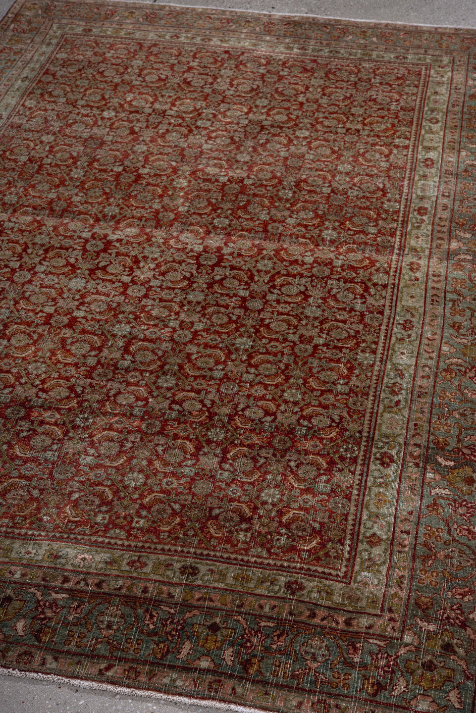 4' x 7' one-of-a-kind handmade antique Bidjar rug. Color palette: red, ivory, sage, rose, taupe, burgundy, olive, green