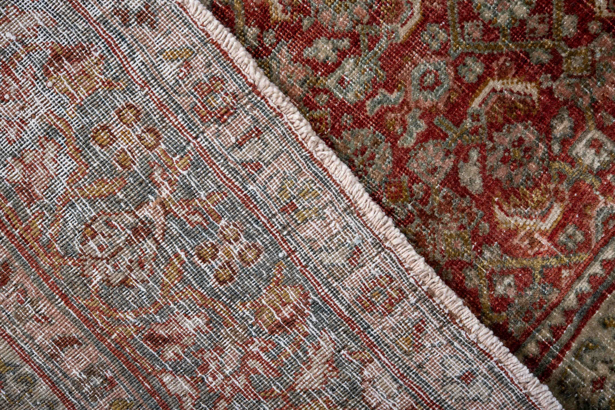 4' x 7' one-of-a-kind handmade vintage Bidjar rug. Color palette: red, gray, brown, pink, light gray, off-white