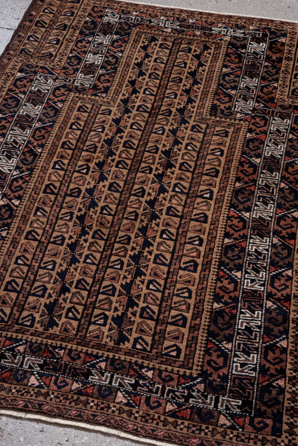 3' x 4' one-of-a-kind handmade antique Belouch small size rug. Color palette: brown, camel, rust, ivory, charcoal, rose