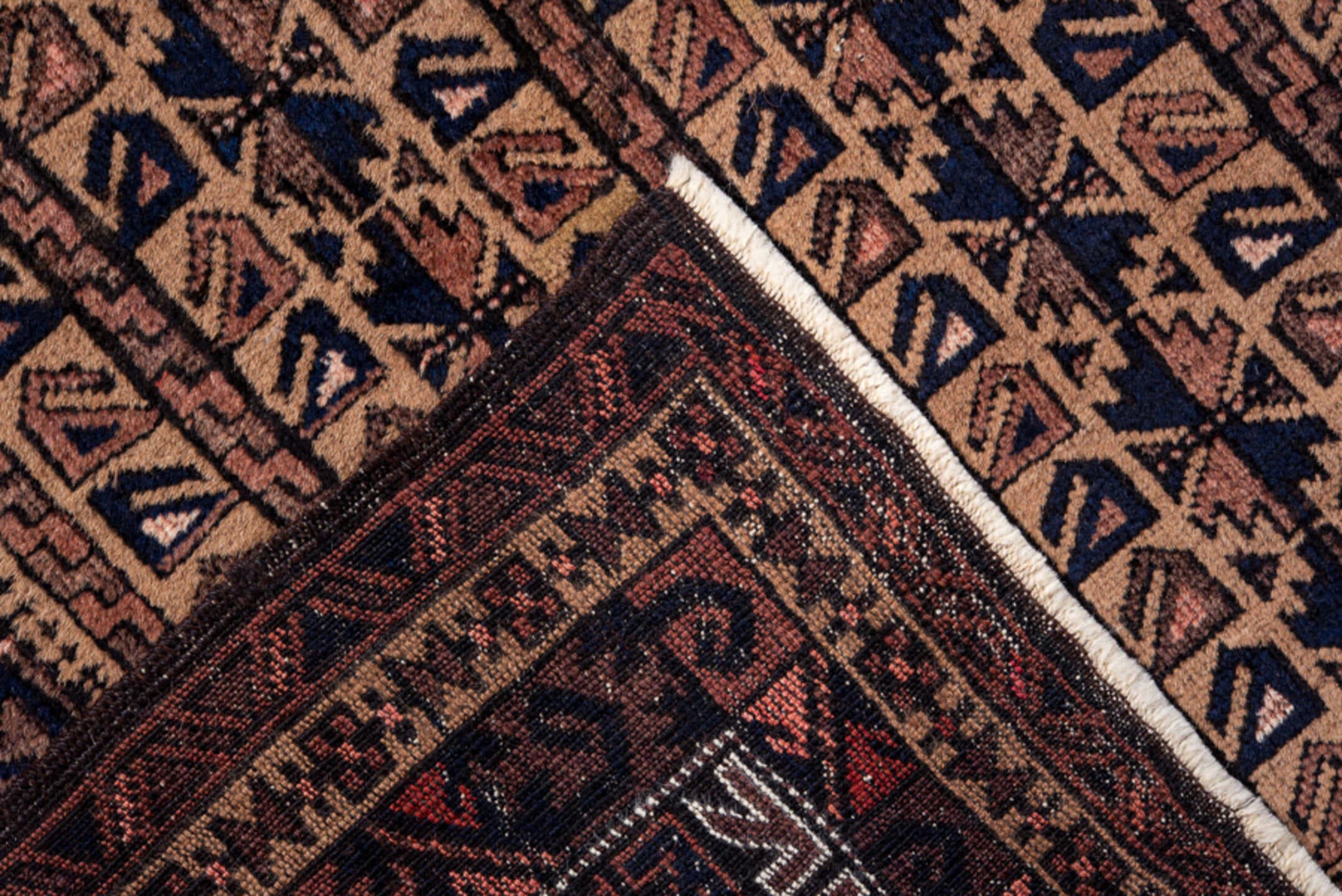 3' x 4' one-of-a-kind handmade antique Belouch small size rug. Color palette: brown, camel, rust, ivory, charcoal, rose