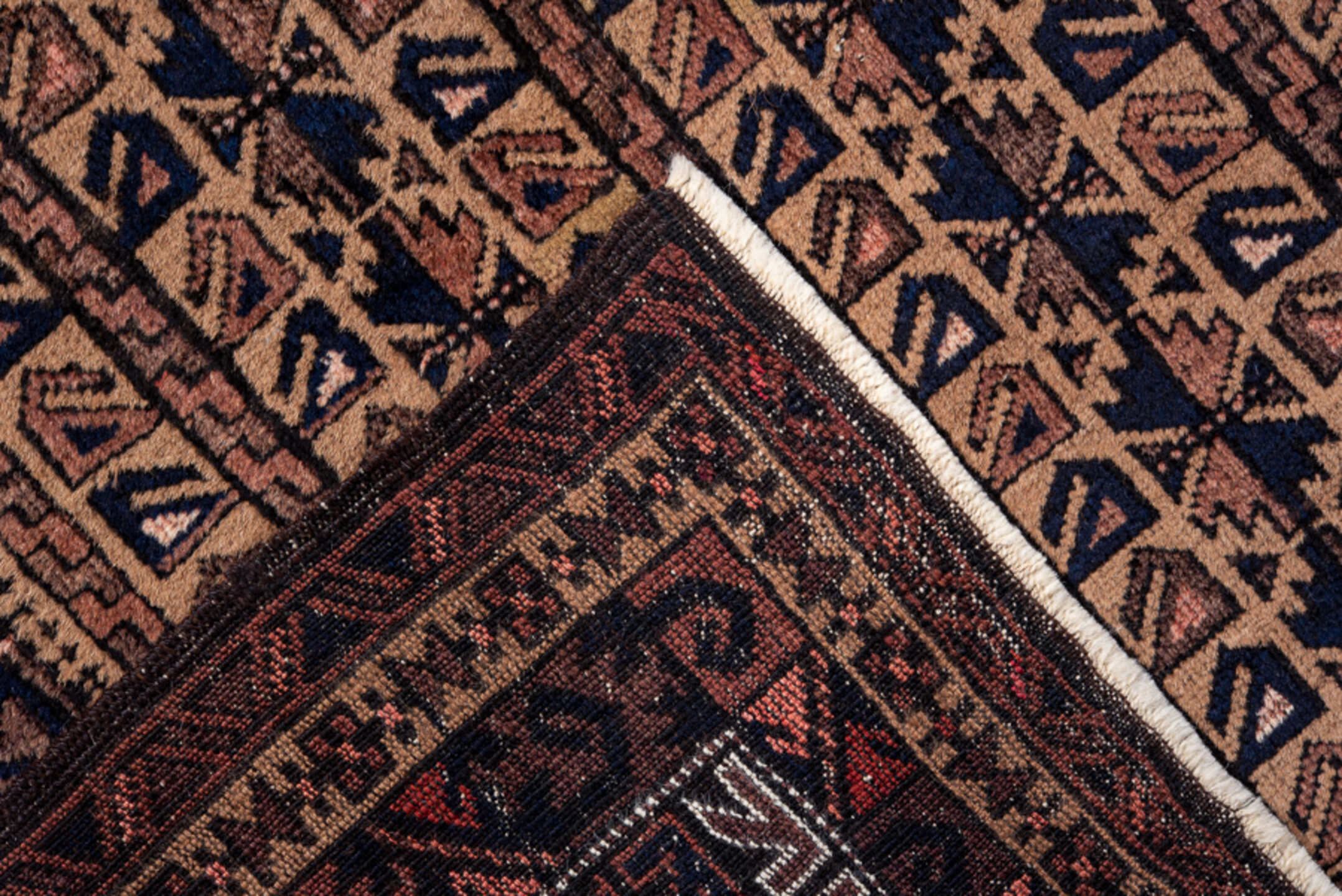 3' x 4' one-of-a-kind handmade antique Belouch small size rug. Color palette: brown, camel, rust, ivory, charcoal, rose