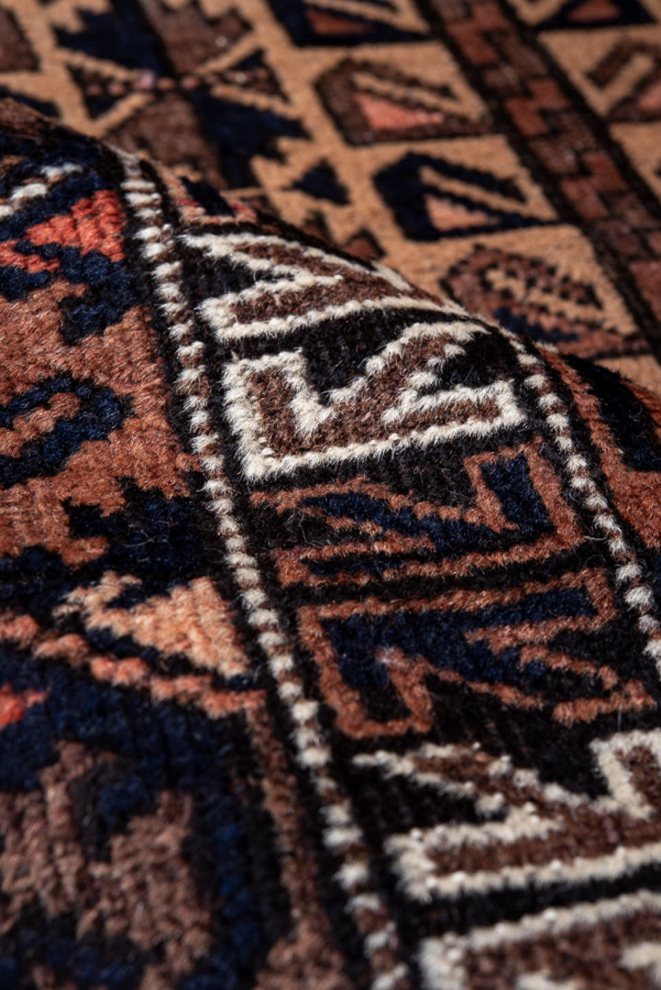3' x 4' one-of-a-kind handmade antique Belouch small size rug. Color palette: brown, camel, rust, ivory, charcoal, rose