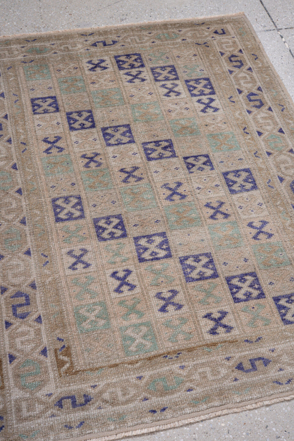 2' x 3' one-of-a-kind handmade vintage Oushak small size rug. Color palette: beige, ivory, lavender, pale aqua, taupe