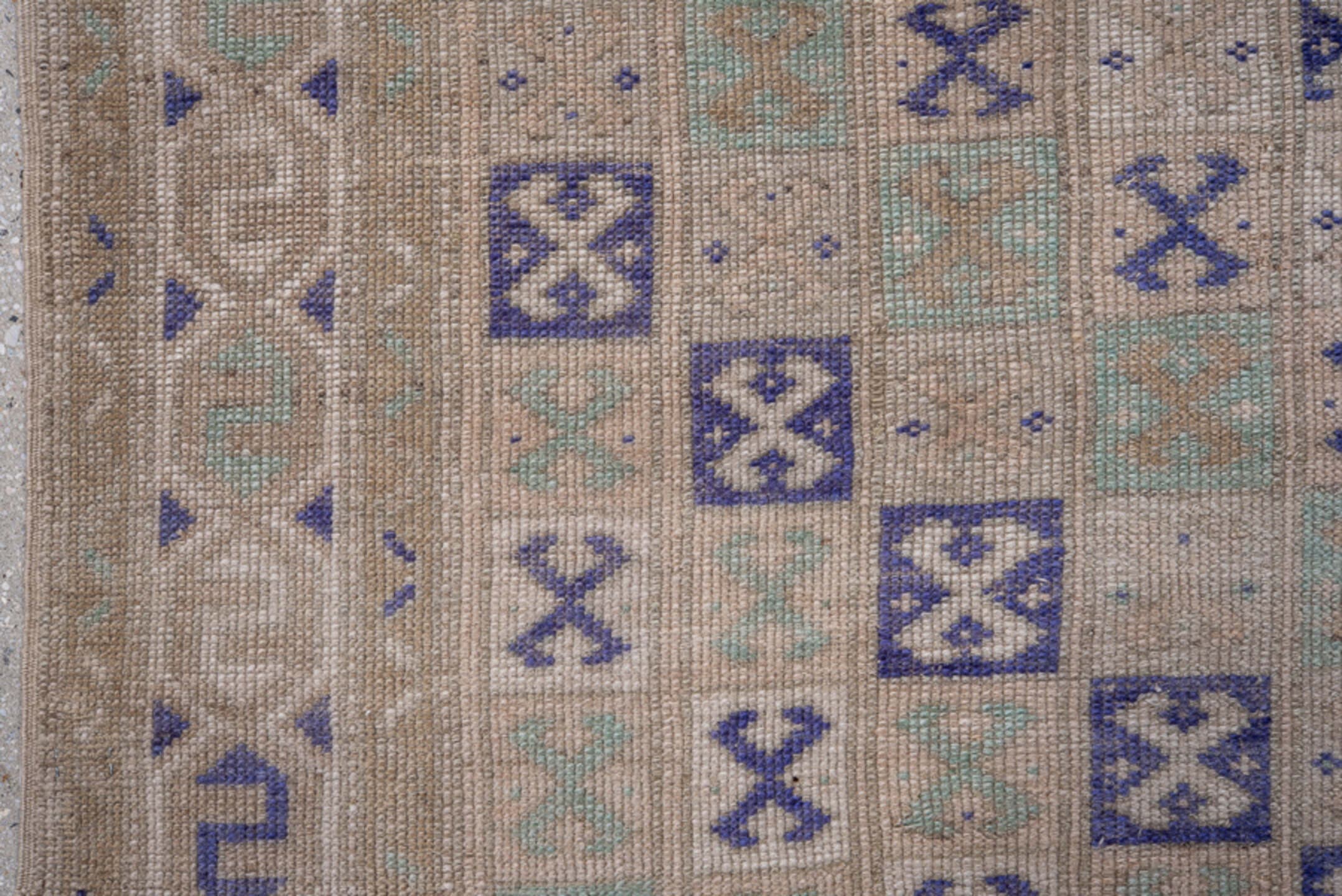 2' x 3' one-of-a-kind handmade vintage Oushak small size rug. Color palette: beige, ivory, lavender, pale aqua, taupe