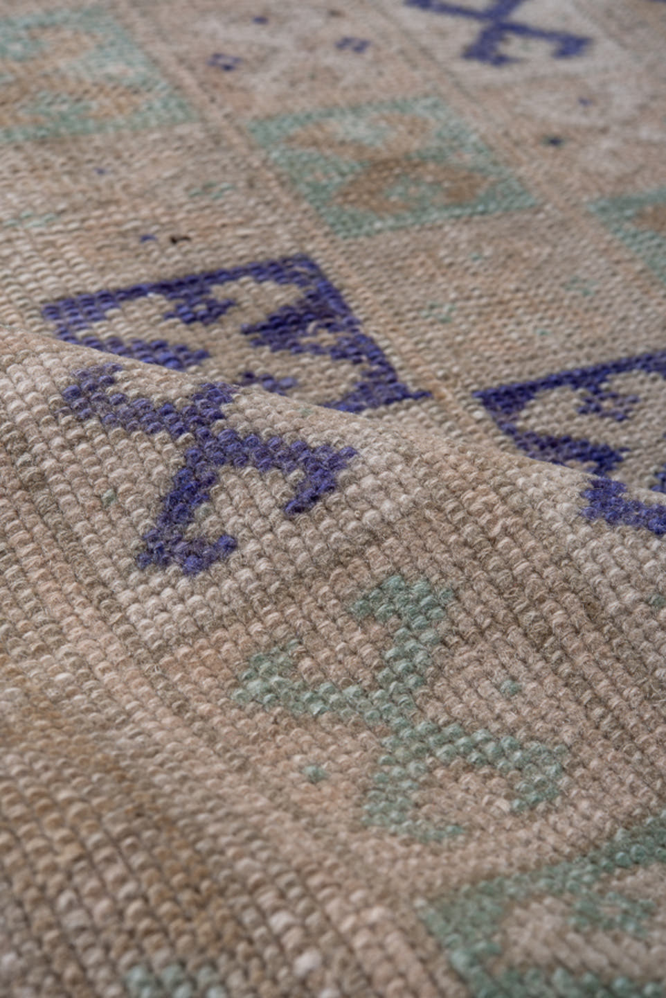 2' x 3' one-of-a-kind handmade vintage Oushak small size rug. Color palette: beige, ivory, lavender, pale aqua, taupe