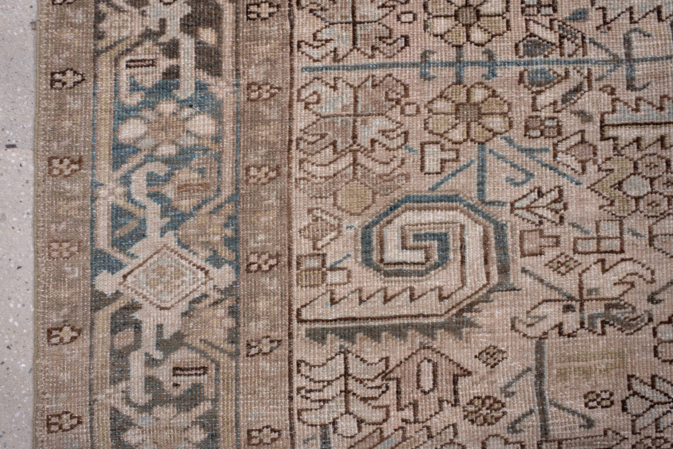 6' x 9' one-of-a-kind handmade antique Heriz medium size rug. Color palette: ivory, taupe, slate, charcoal, camel
