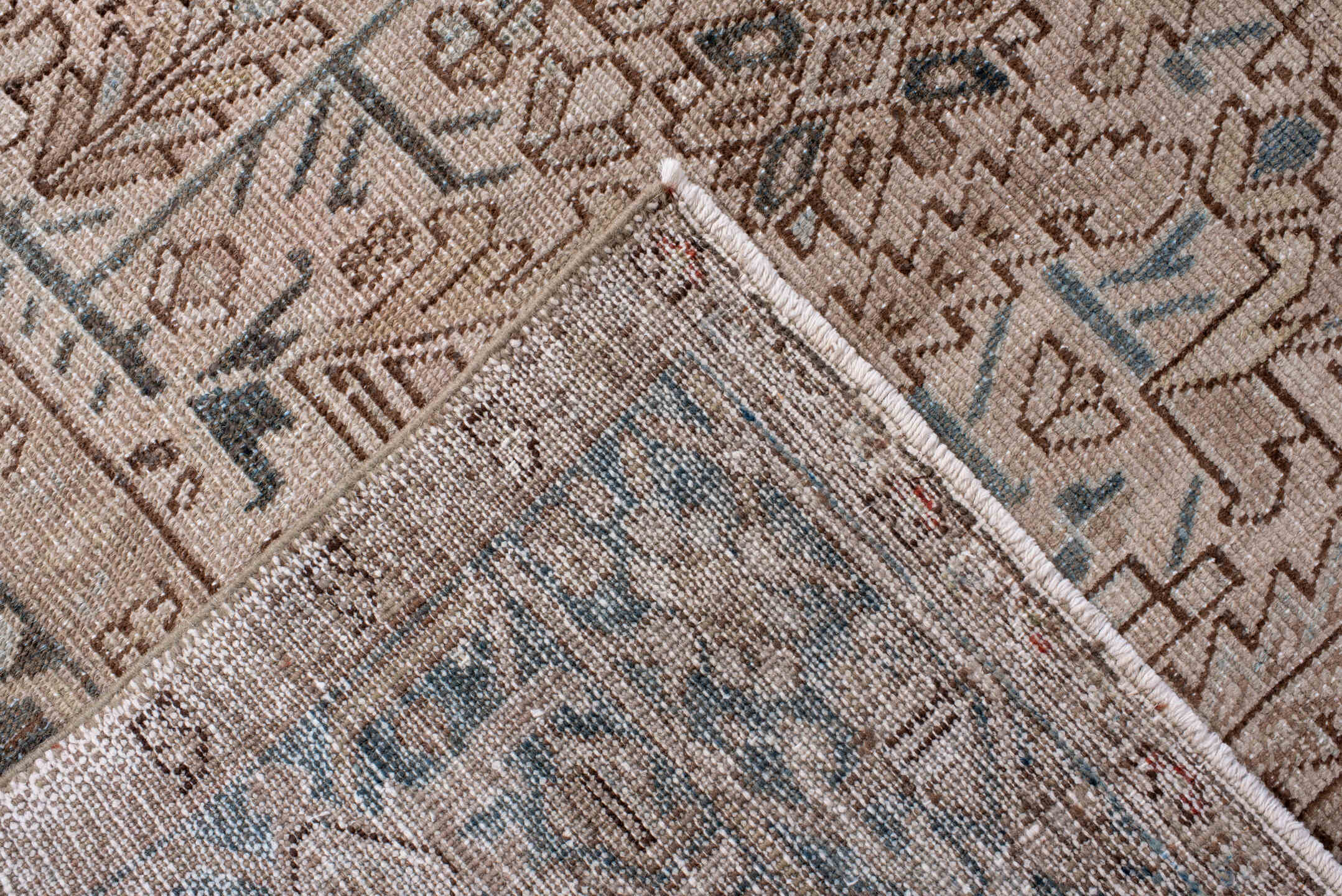 6' x 9' one-of-a-kind handmade antique Heriz medium size rug. Color palette: ivory, taupe, slate, charcoal, camel