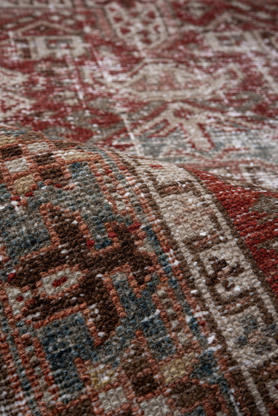 2' x 11' one-of-a-kind handmade antique Karaje runner rug. Color palette: rust, ivory, soft blue, terra cotta, brown, slate