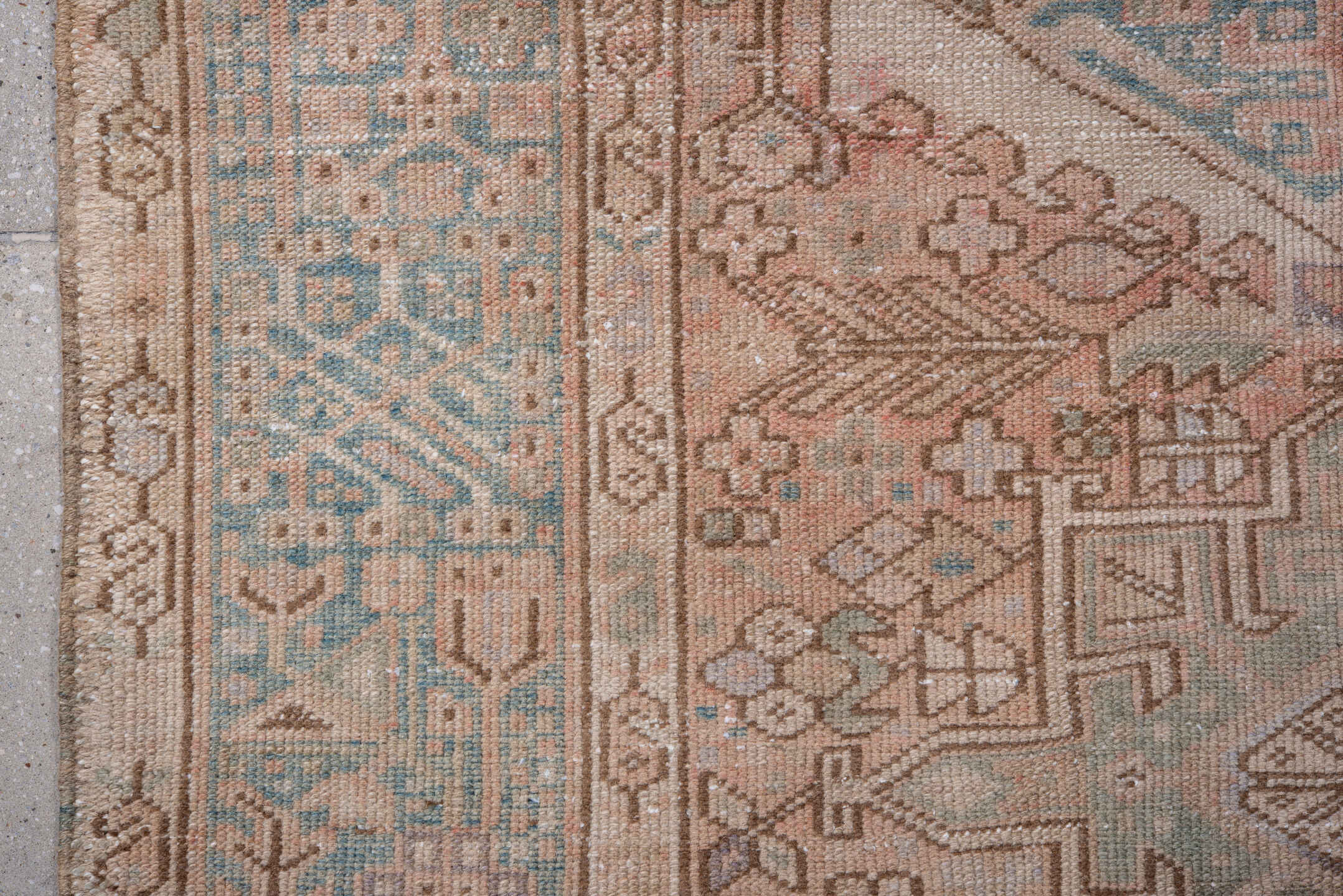 3' x 5' one-of-a-kind handmade antique Karaje small size rug. Color palette: ivory, blush, sky blue, taupe, camel, rose