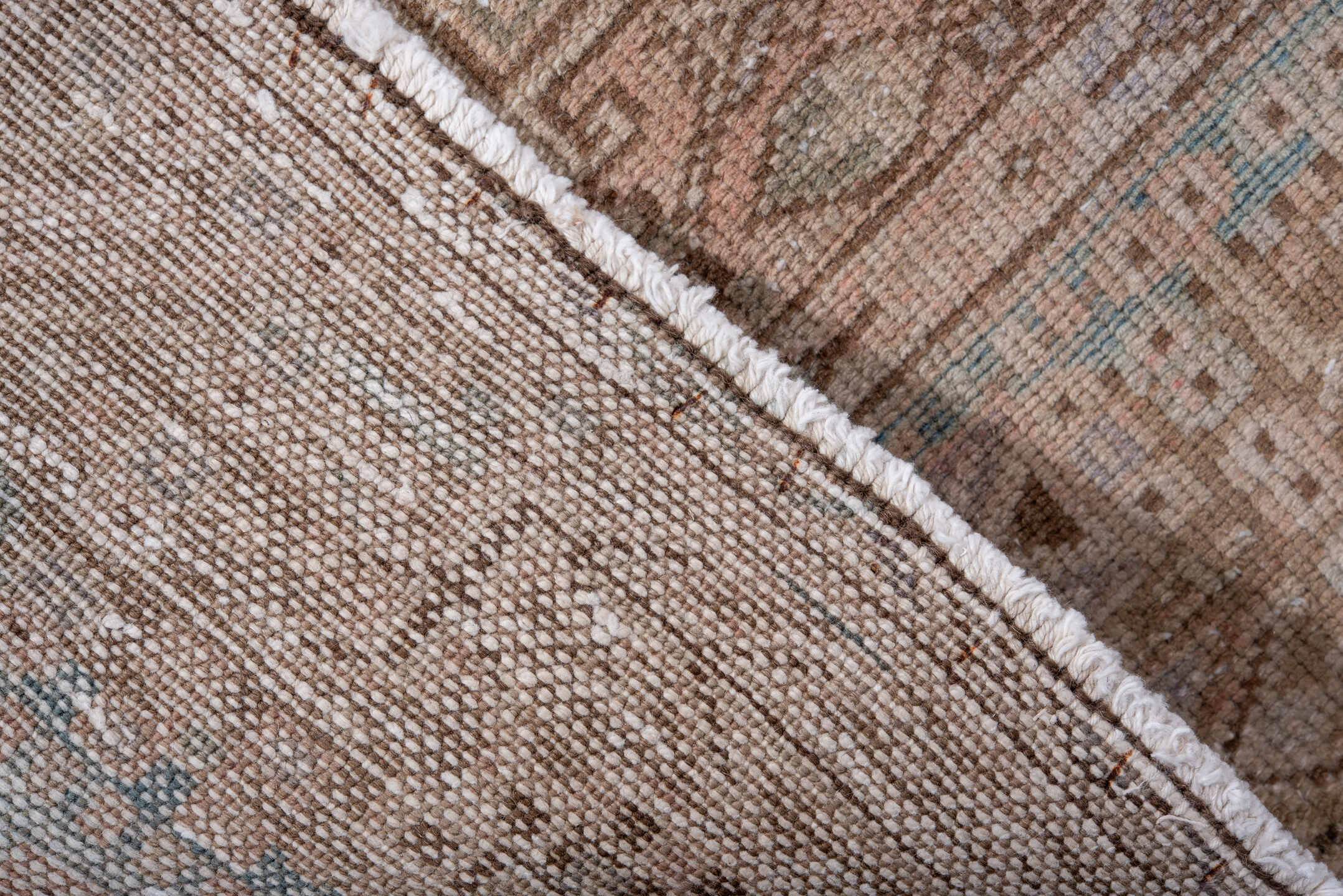 3' x 5' one-of-a-kind handmade antique Karaje small size rug. Color palette: ivory, blush, sky blue, taupe, camel, rose