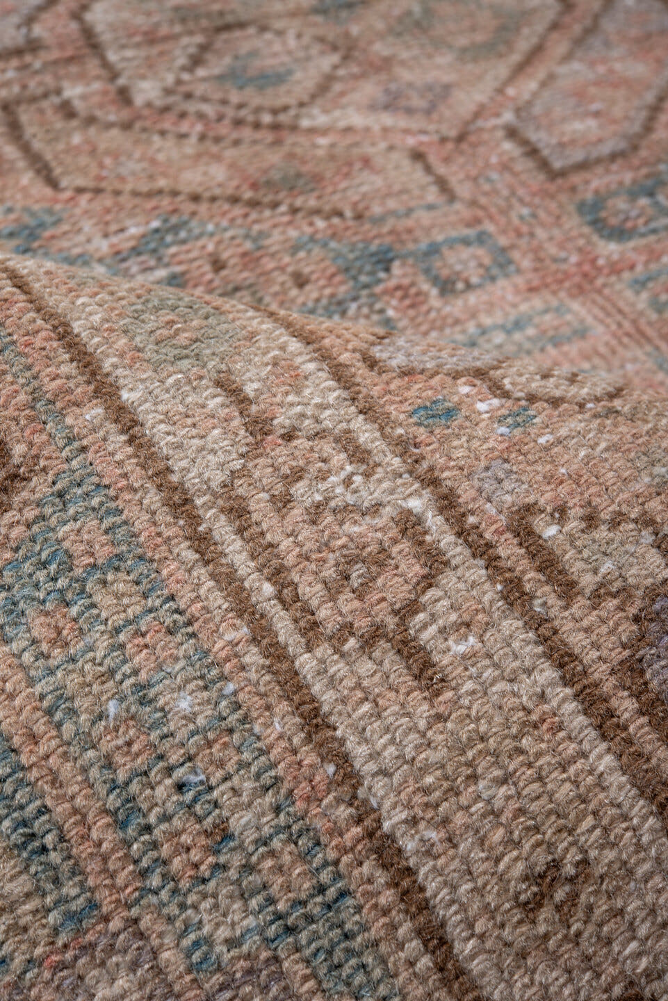 3' x 5' one-of-a-kind handmade antique Karaje small size rug. Color palette: ivory, blush, sky blue, taupe, camel, rose