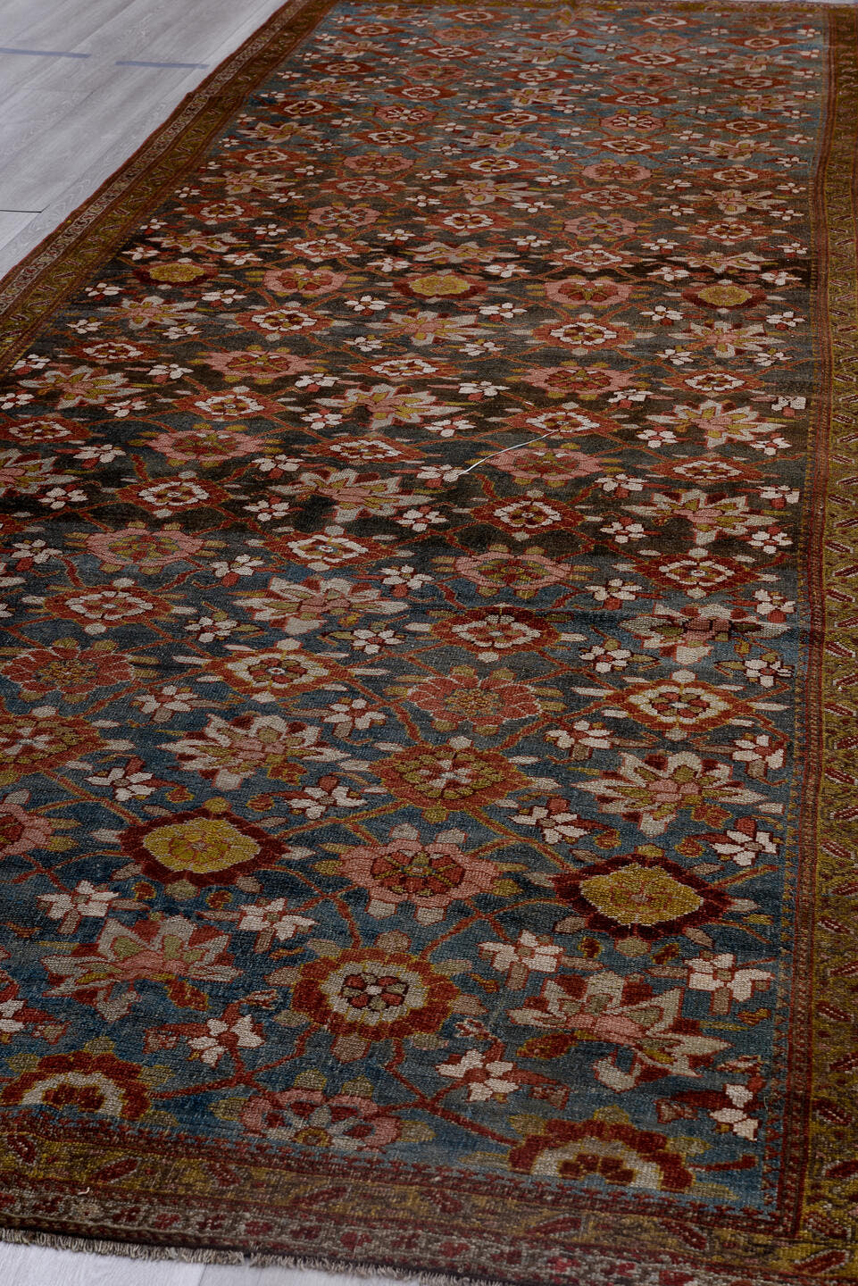 5' x 16' one-of-a-kind handmade vintage Varamin rug. Color palette: blue, rust, ivory, rose, gold, brown, charcoal