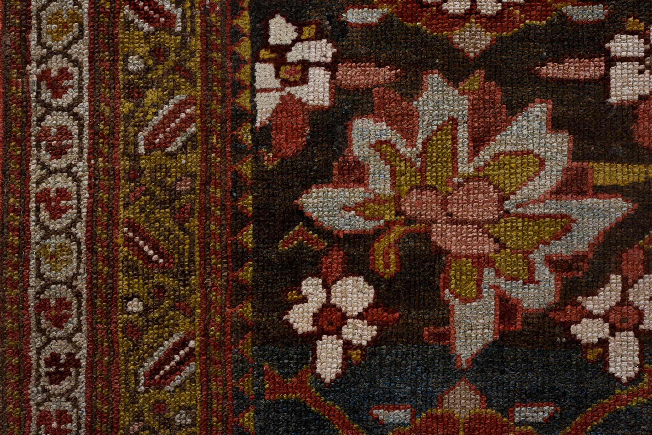 5' x 16' one-of-a-kind handmade vintage Varamin rug. Color palette: black, blue, brown, gray, light gray, pink, red