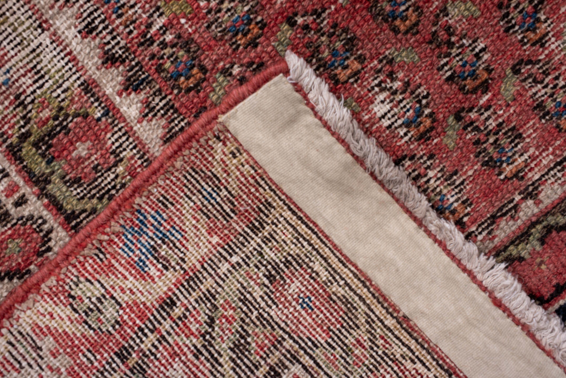 6' x 16' one-of-a-kind handmade vintage Saraband rug. Color palette: brown, gray, light gray, off-white, pink, red