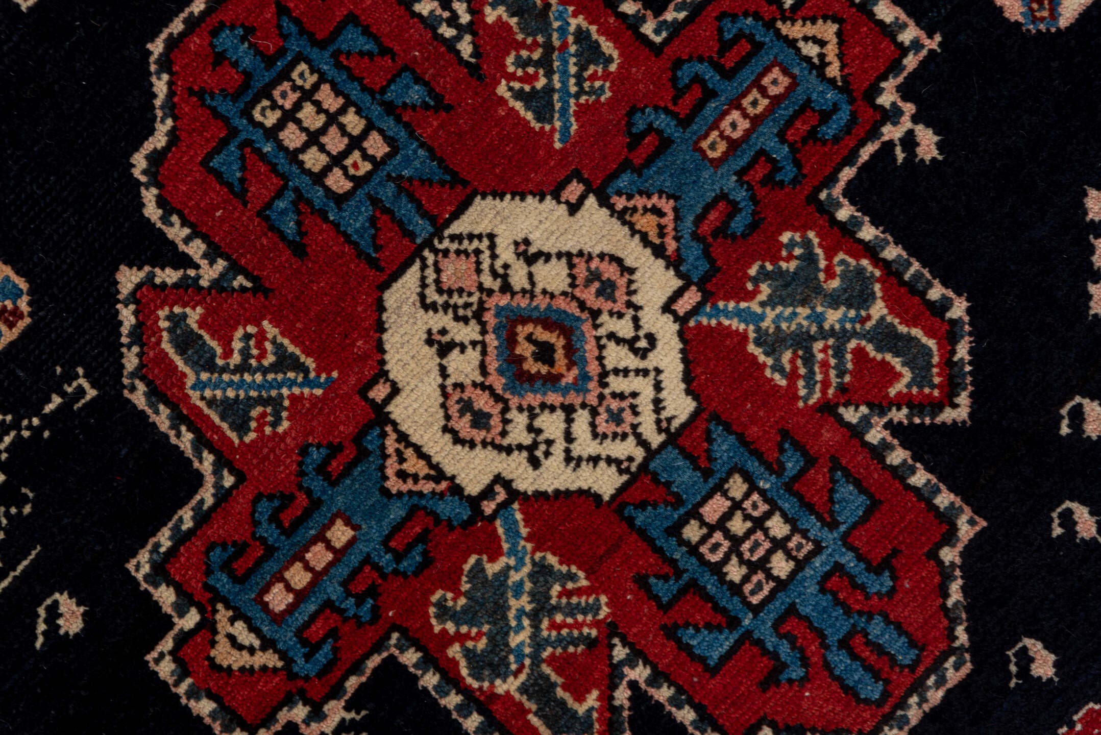 3' x 8' one-of-a-kind handmade antique Malayer runner rug. Color palette: navy, rust, ivory, sky blue, crimson, camel