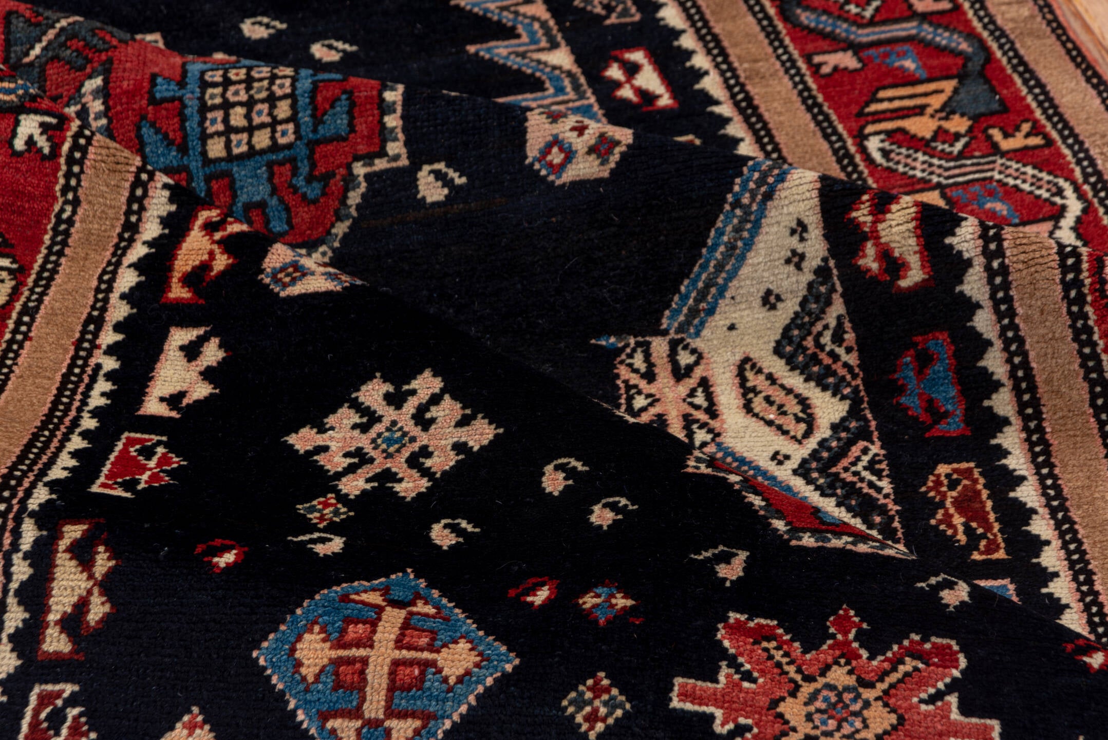 3' x 8' one-of-a-kind handmade vintage Malayer runner rug. Color palette: black, blue, brown, gray, pink, red