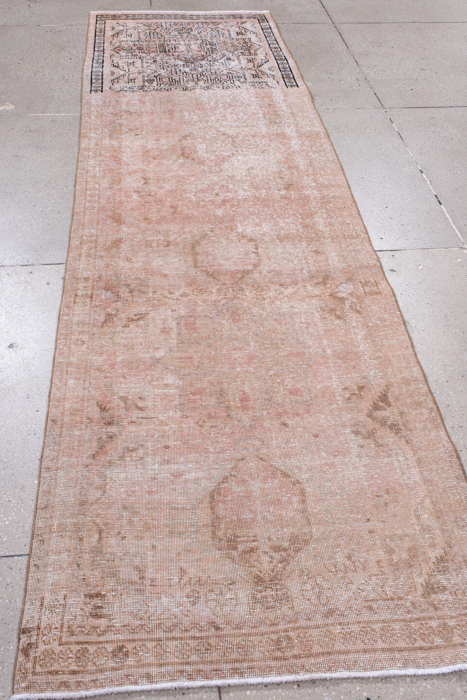 3' x 10' one-of-a-kind handmade antique Sarab runner rug. Color palette: blush, ivory, taupe, brown, rose, pink, beige, gray