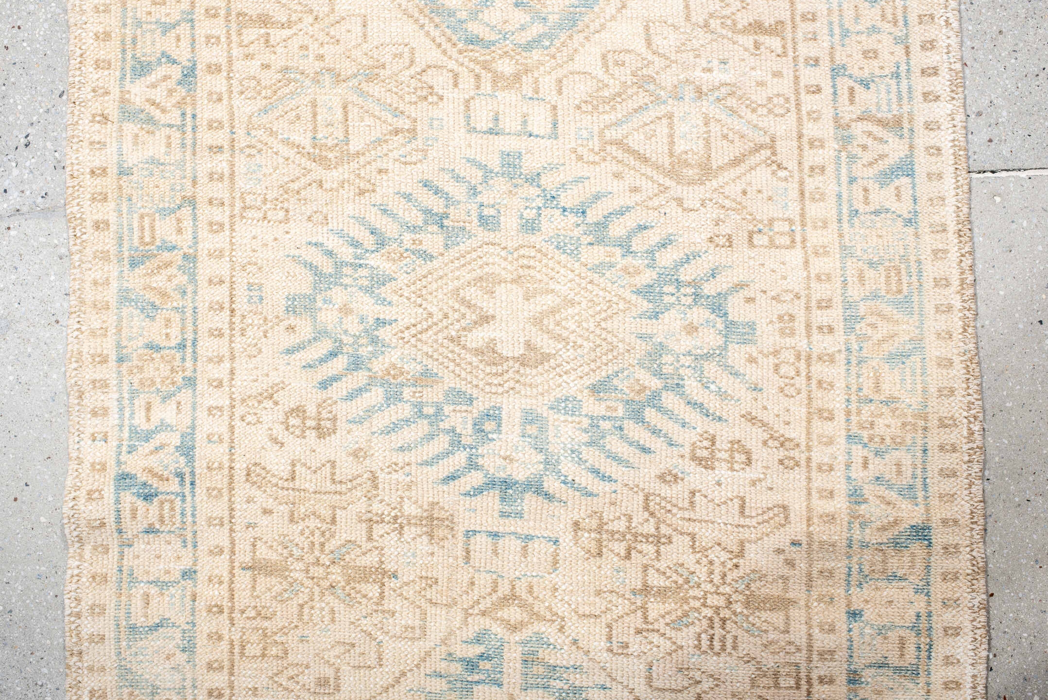 2' x 11' one-of-a-kind handmade antique Karaje runner rug. Color palette: ivory, pale blue, beige, cream, taupe, light blue