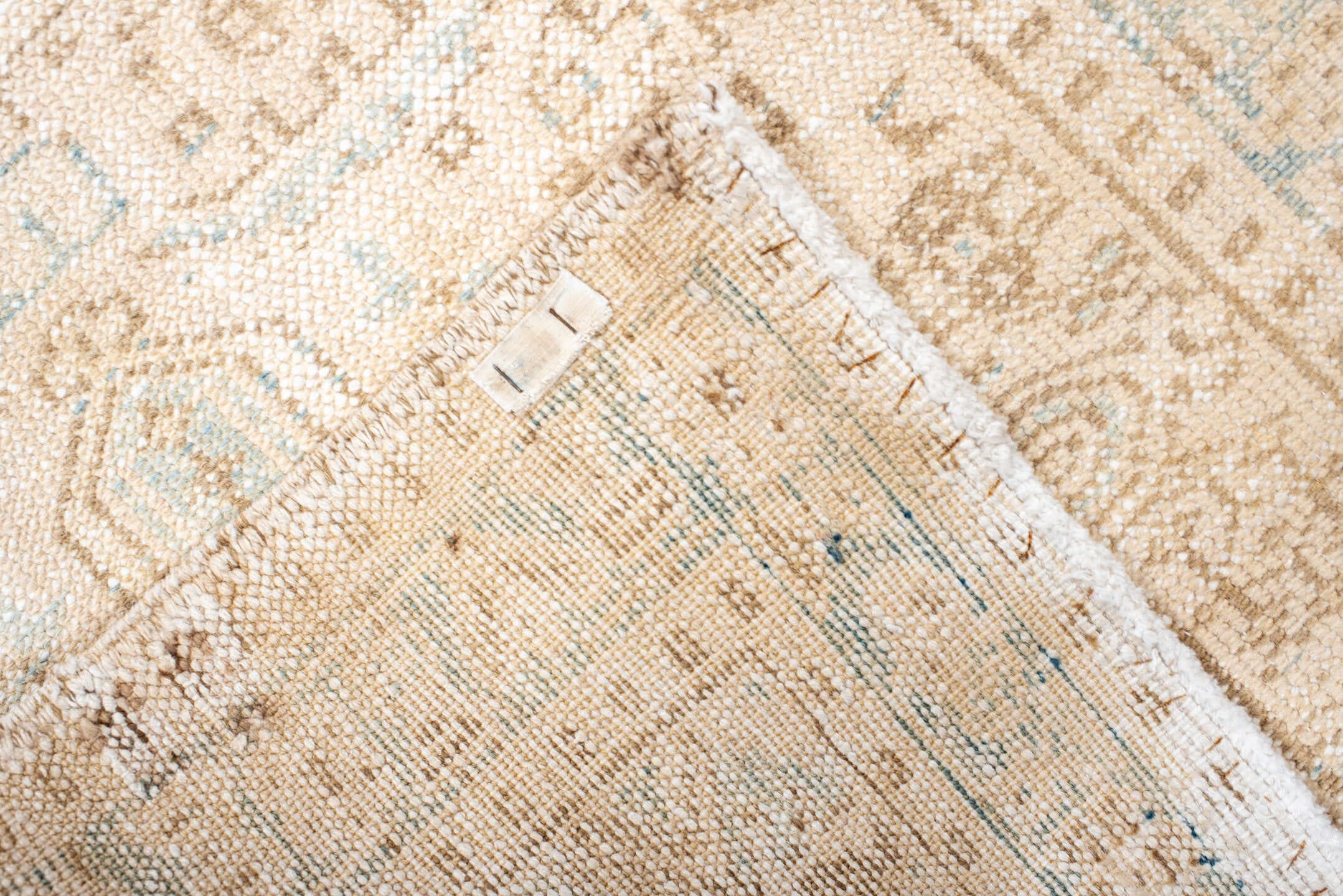 2' x 11' one-of-a-kind handmade antique Karaje runner rug. Color palette: ivory, pale blue, beige, cream, taupe, light blue