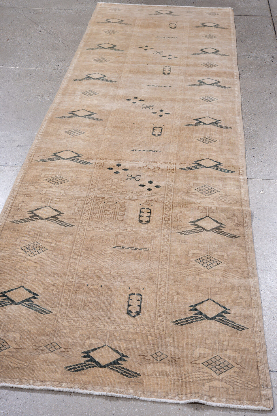 2' x 10' one-of-a-kind handmade antique Oushak runner rug. Color palette: camel, ivory, taupe, charcoal, beige, gray, black