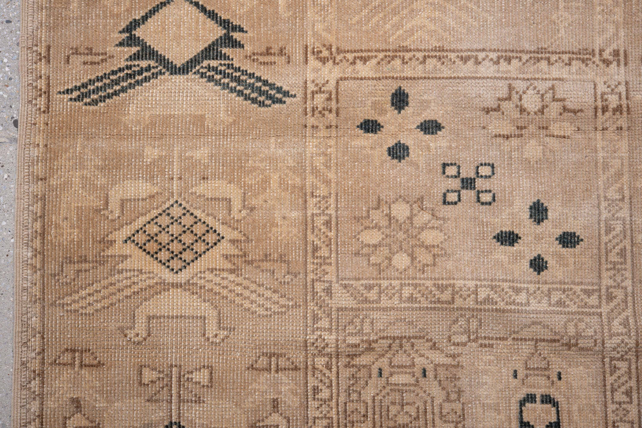 2' x 10' one-of-a-kind handmade antique Oushak runner rug. Color palette: camel, ivory, taupe, charcoal, beige, gray, black