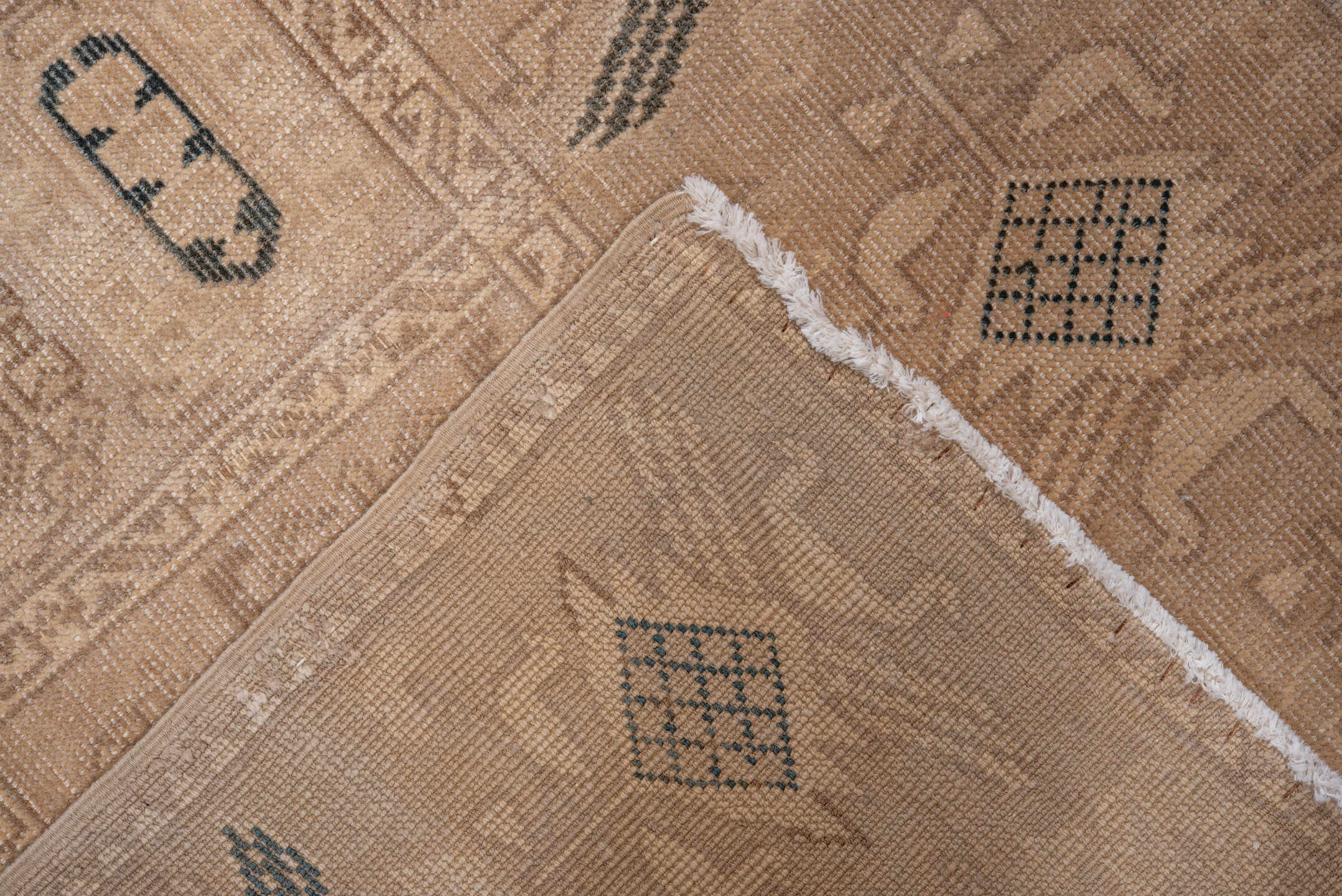 2' x 10' one-of-a-kind handmade antique Oushak runner rug. Color palette: camel, ivory, taupe, charcoal, beige, gray, black