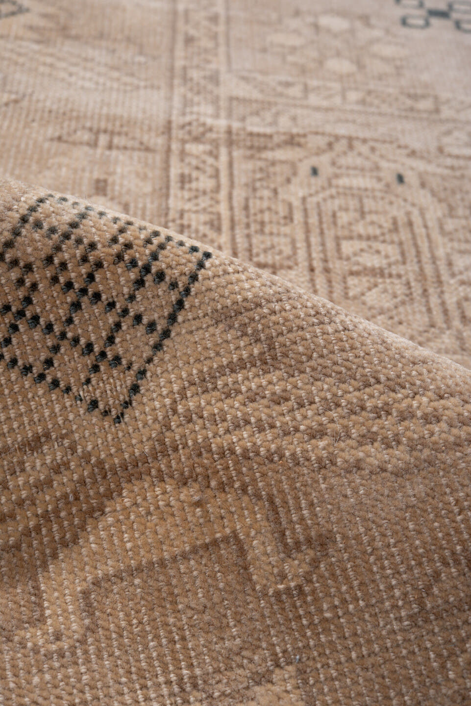 2' x 10' one-of-a-kind handmade antique Oushak runner rug. Color palette: camel, ivory, taupe, charcoal, beige, gray, black
