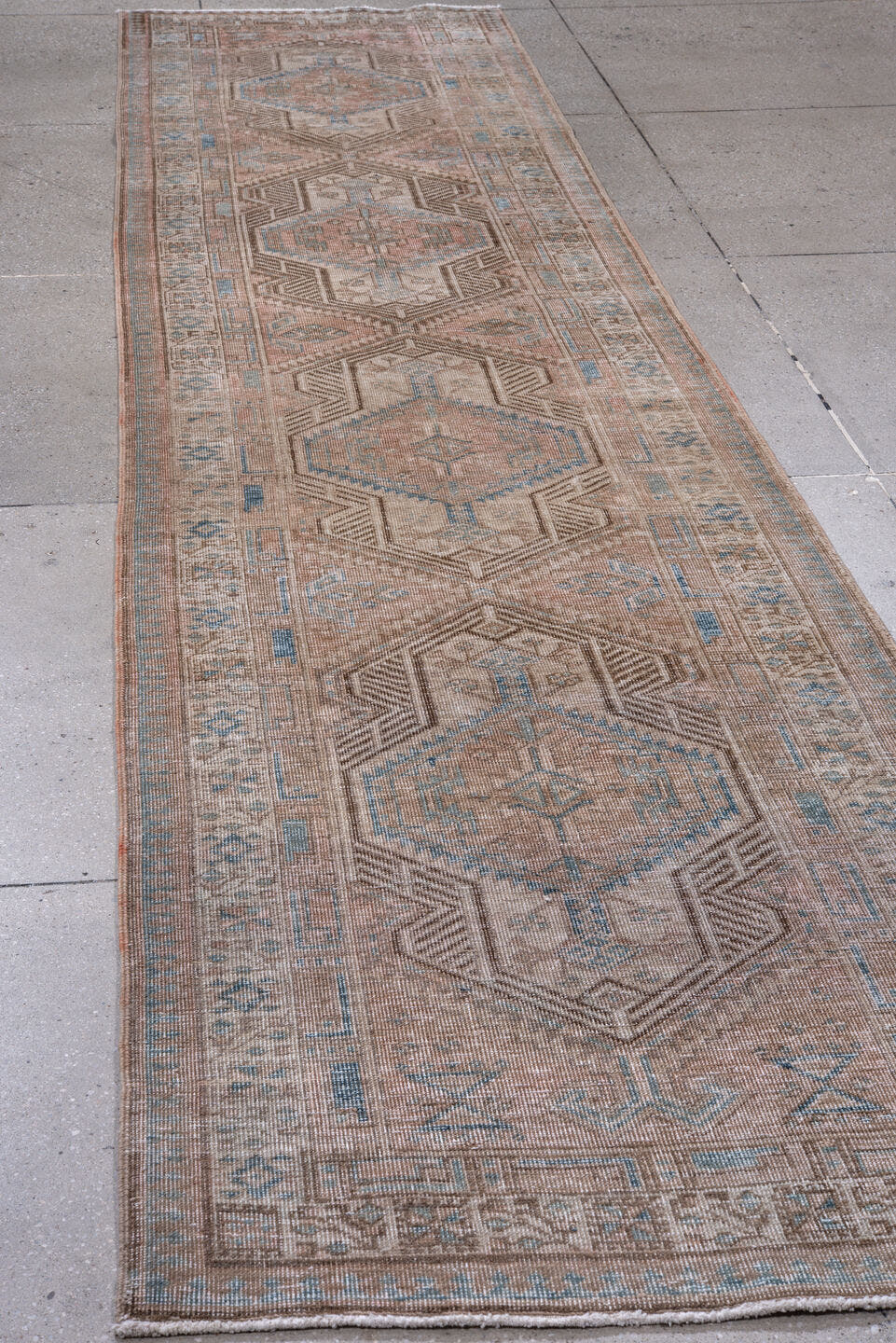 3' x 14' one-of-a-kind handmade antique Sarab runner rug. Color palette: camel, ivory, pale blue, taupe, brown, beige
