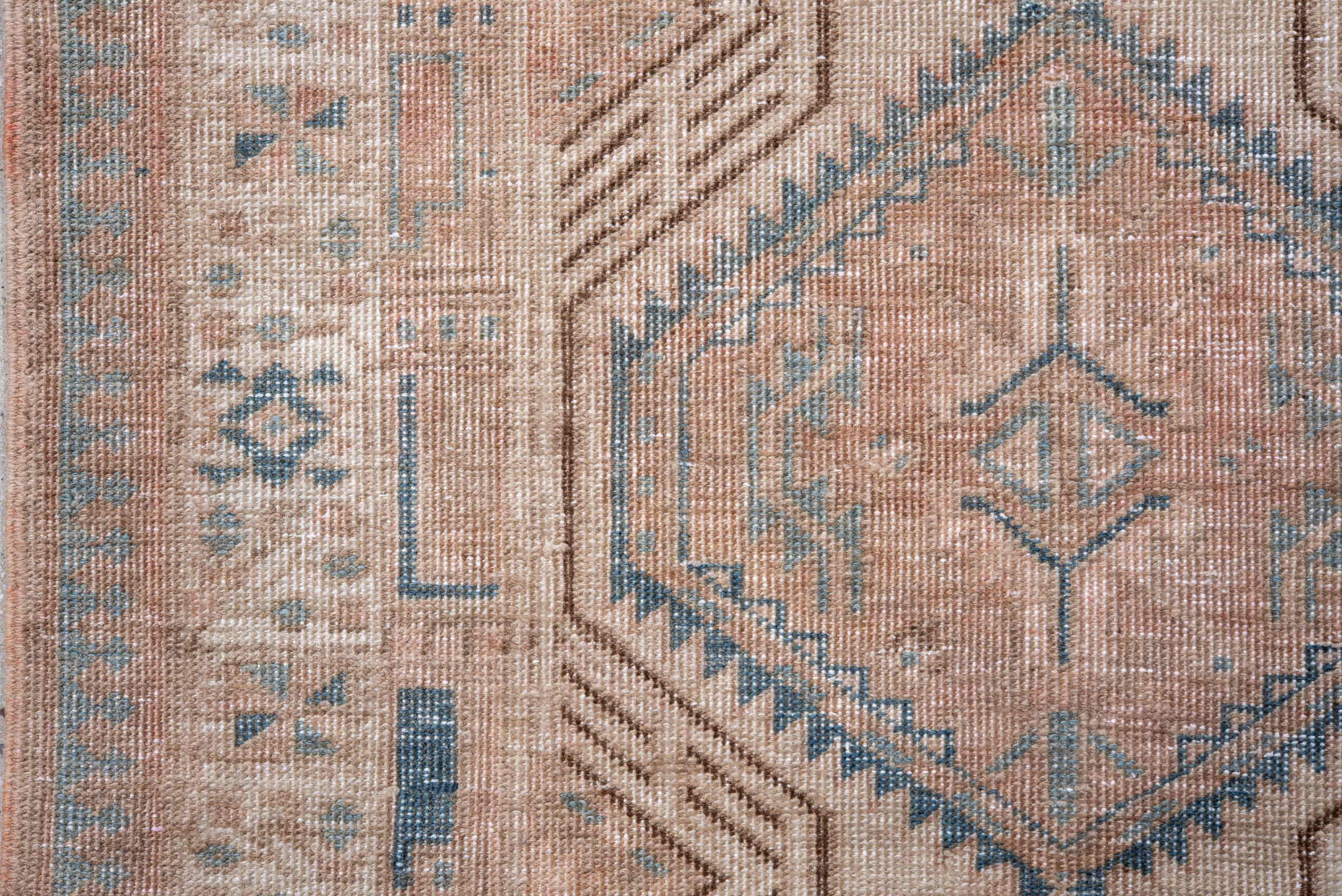 3' x 14' one-of-a-kind handmade antique Sarab runner rug. Color palette: camel, ivory, pale blue, taupe, brown, beige