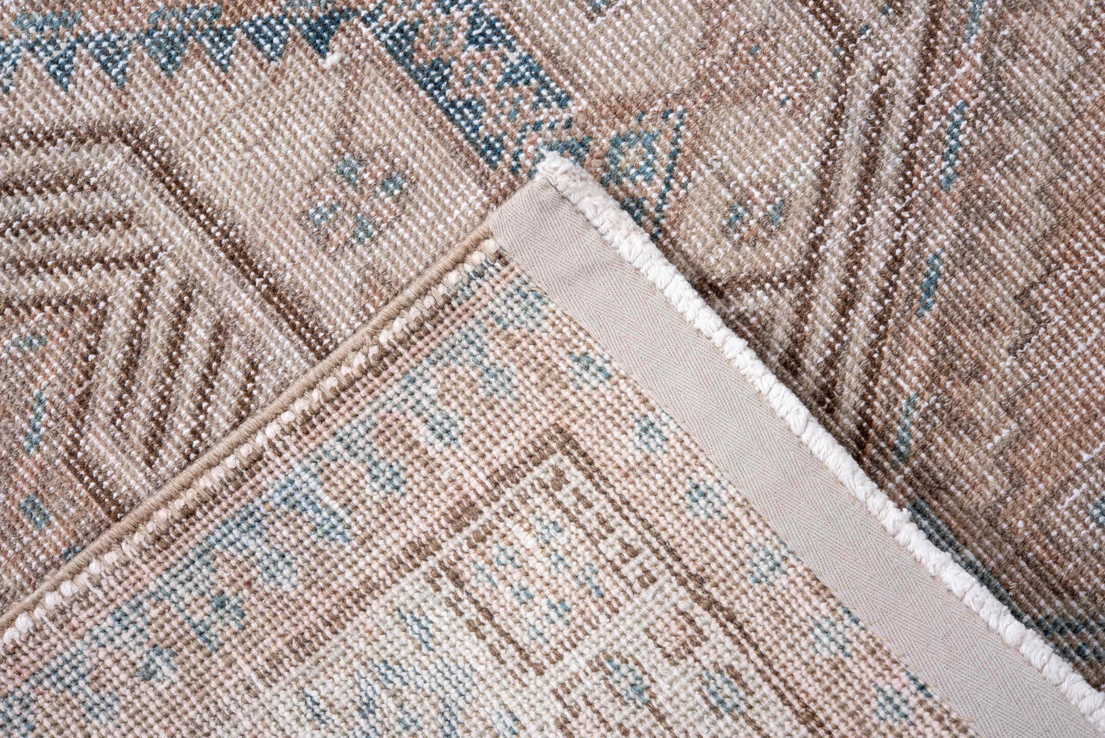 3' x 14' one-of-a-kind handmade antique Sarab runner rug. Color palette: camel, ivory, pale blue, taupe, brown, beige