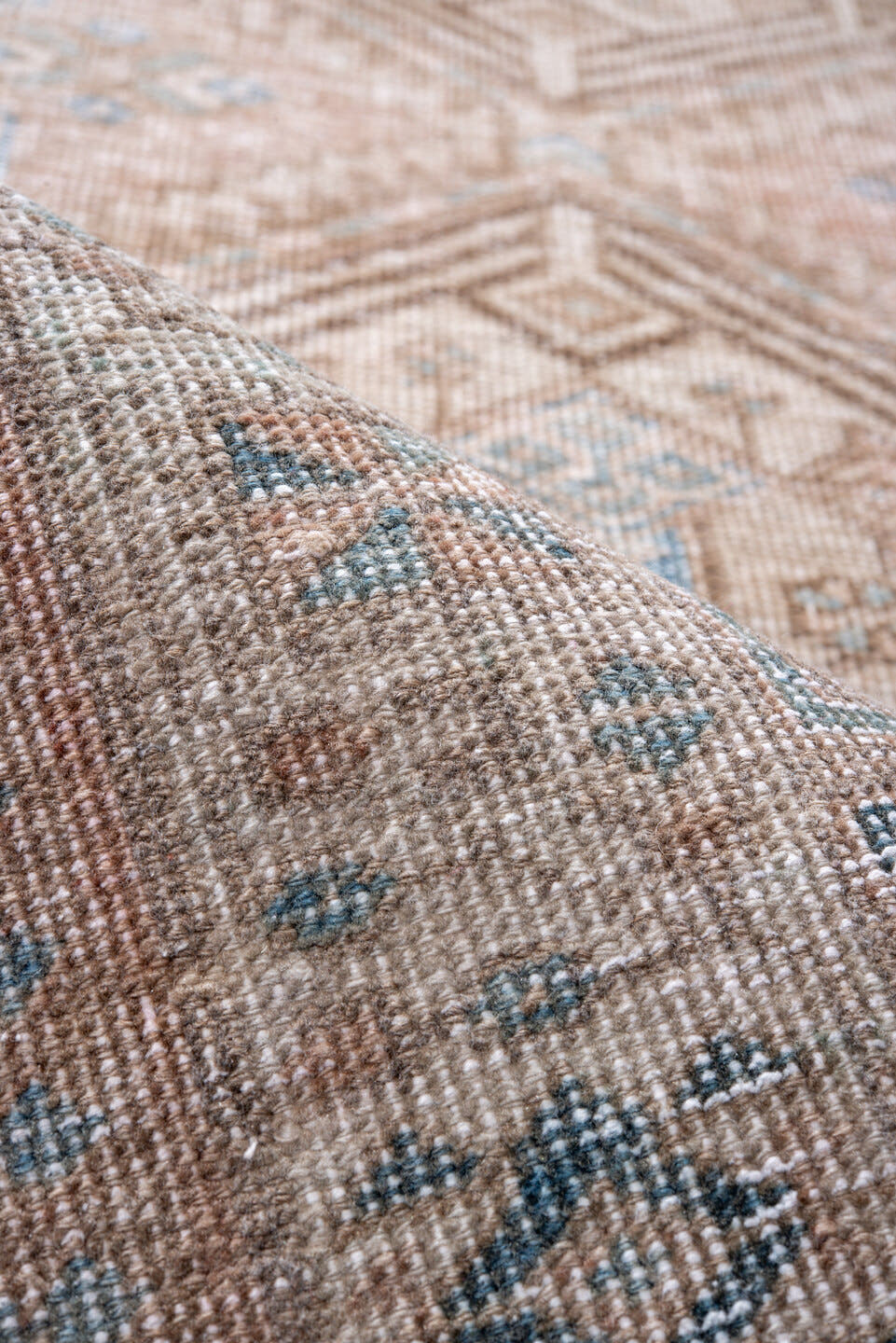 3' x 14' one-of-a-kind handmade antique Sarab runner rug. Color palette: camel, ivory, pale blue, taupe, brown, beige