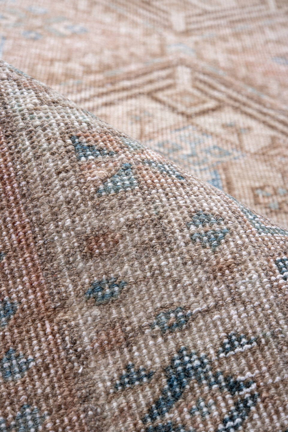 3' x 14' one-of-a-kind handmade antique Sarab runner rug. Color palette: camel, ivory, pale blue, taupe, brown, beige
