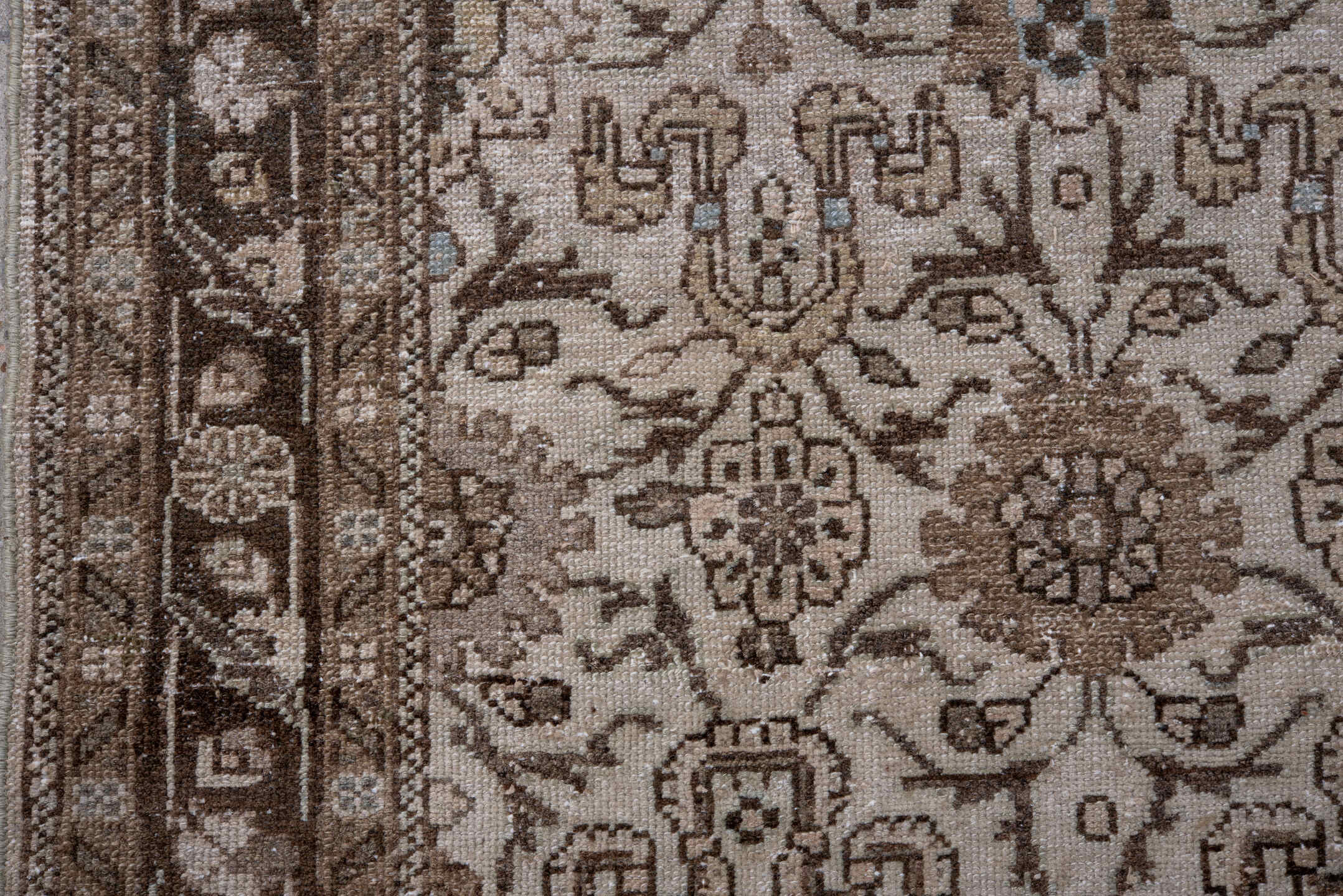 2' x 11' one-of-a-kind handmade antique Dargazin runner rug. Color palette: ivory, taupe, brown, beige, camel, greige, gray