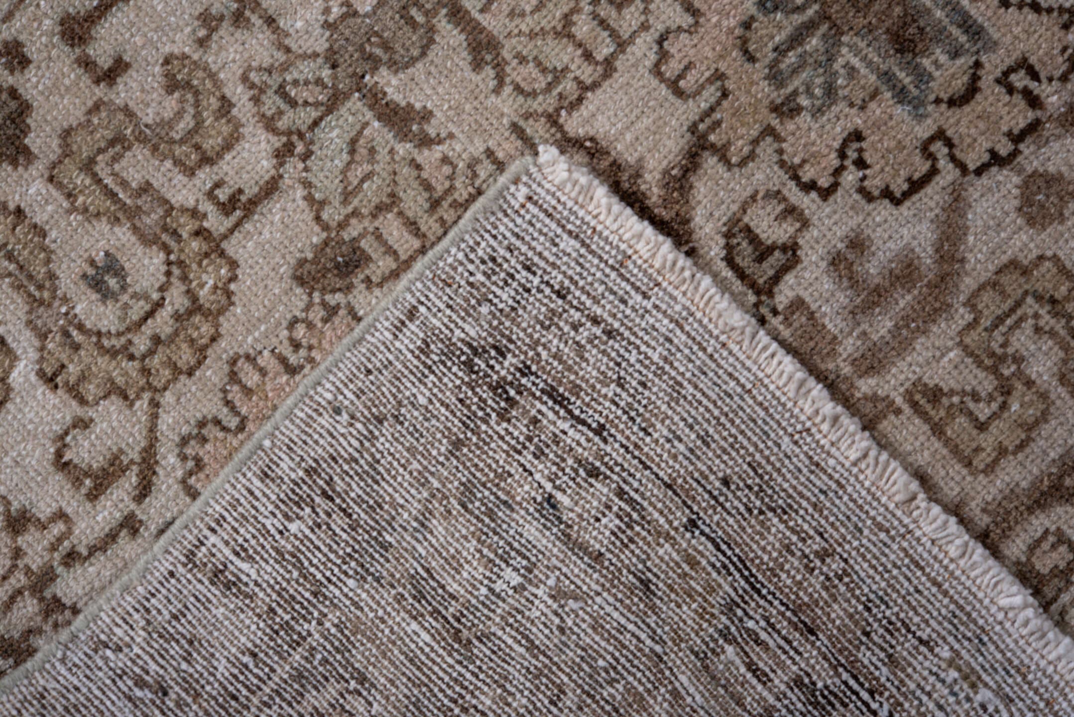 2' x 11' one-of-a-kind handmade antique Dargazin runner rug. Color palette: ivory, taupe, brown, beige, camel, greige, gray