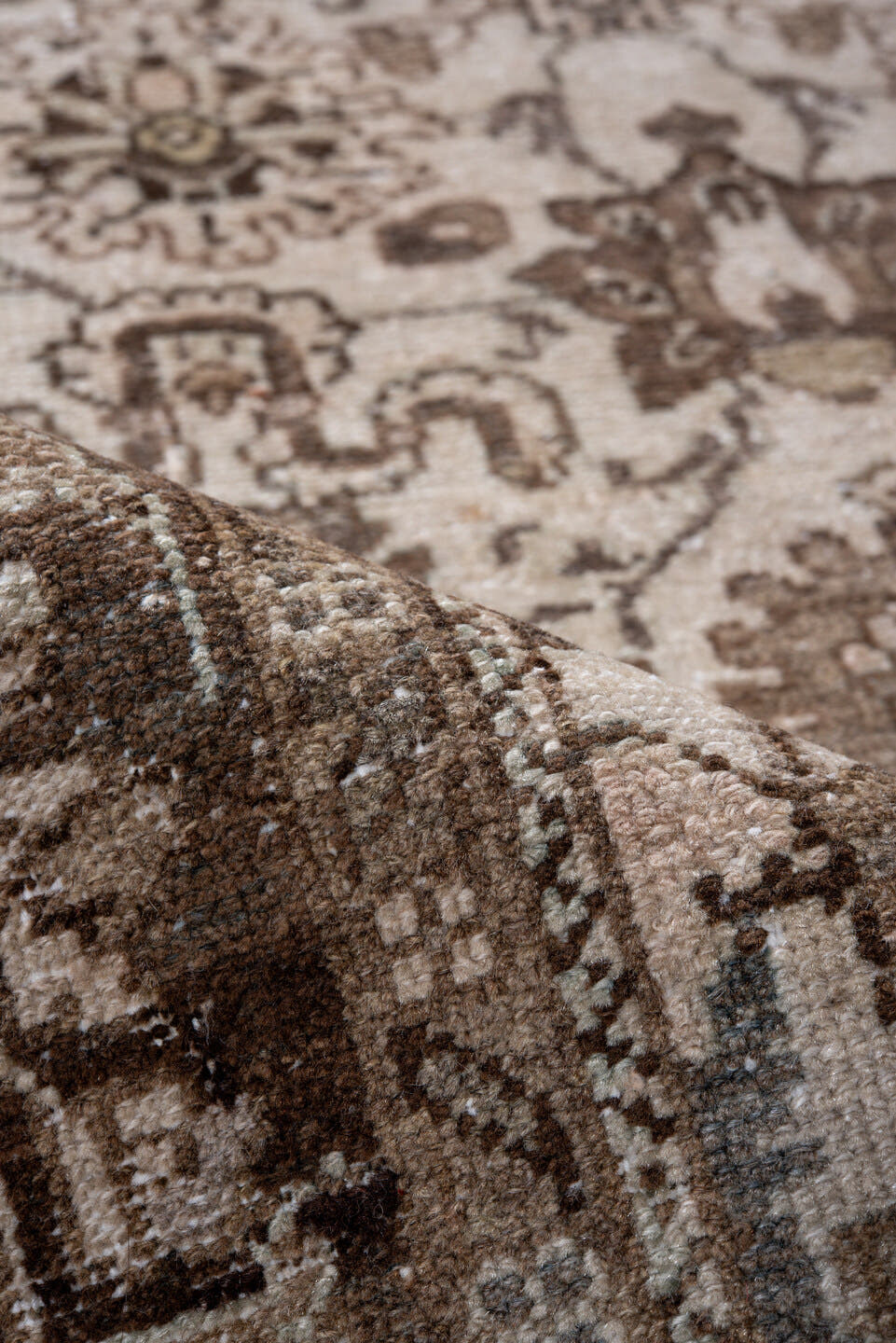 2' x 11' one-of-a-kind handmade antique Dargazin runner rug. Color palette: ivory, taupe, brown, beige, camel, greige, gray